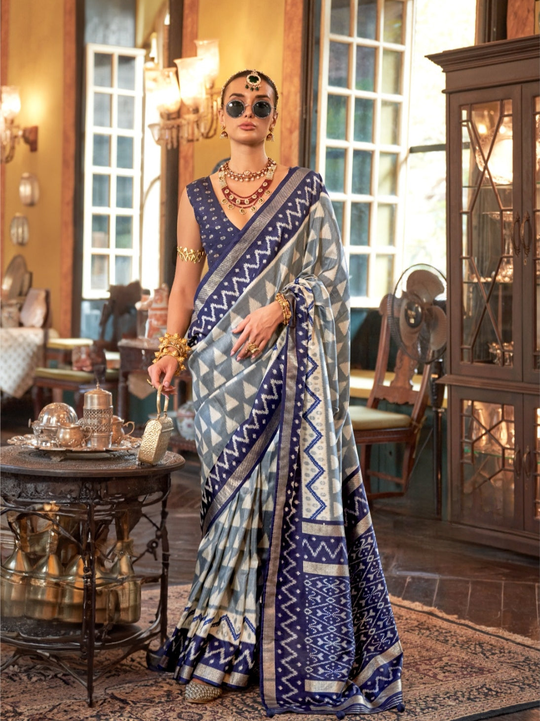 Navy Blue &amp; White Patola Silk Saree