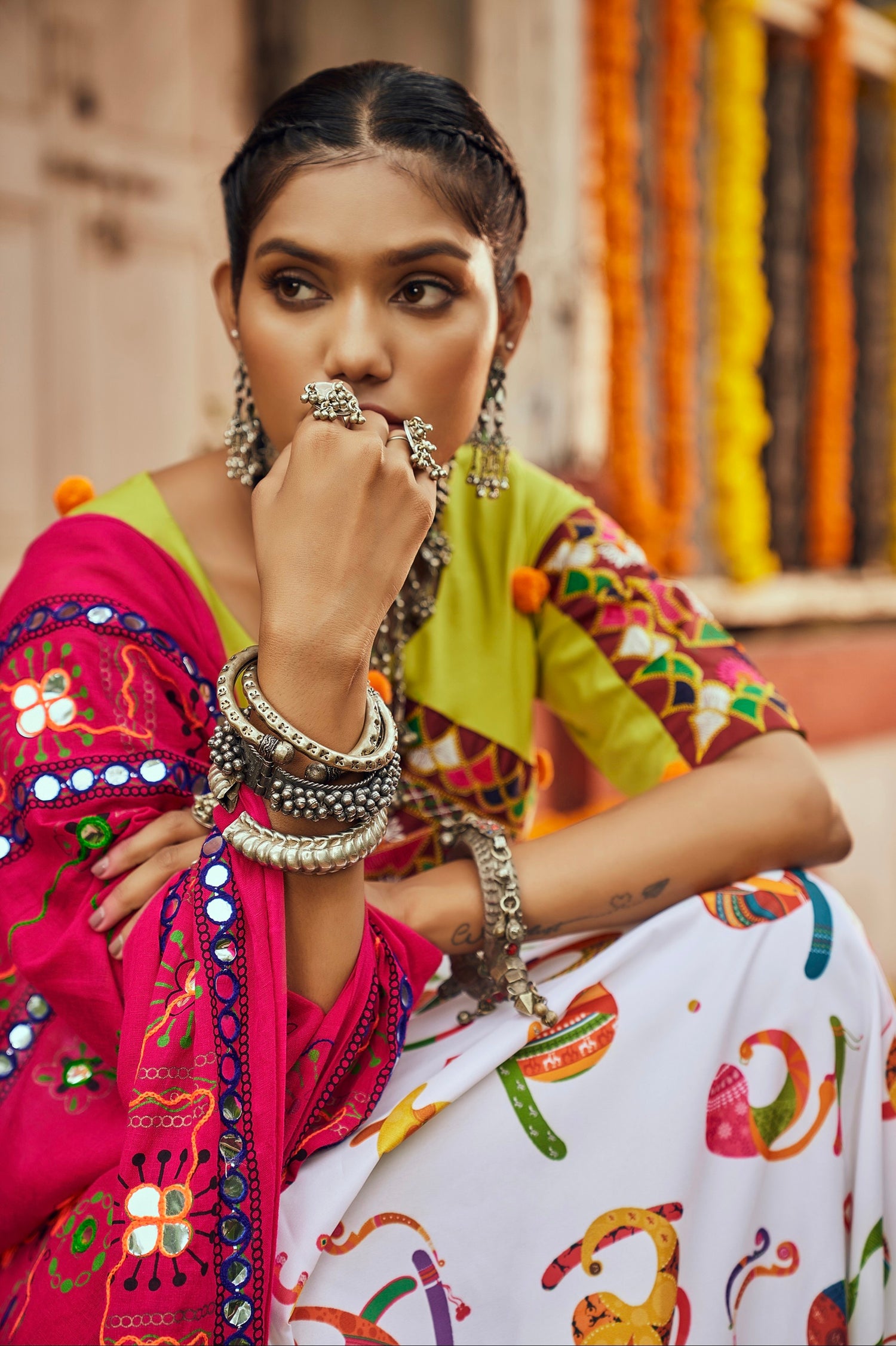 Navratri chaniya choli set in white cotton
