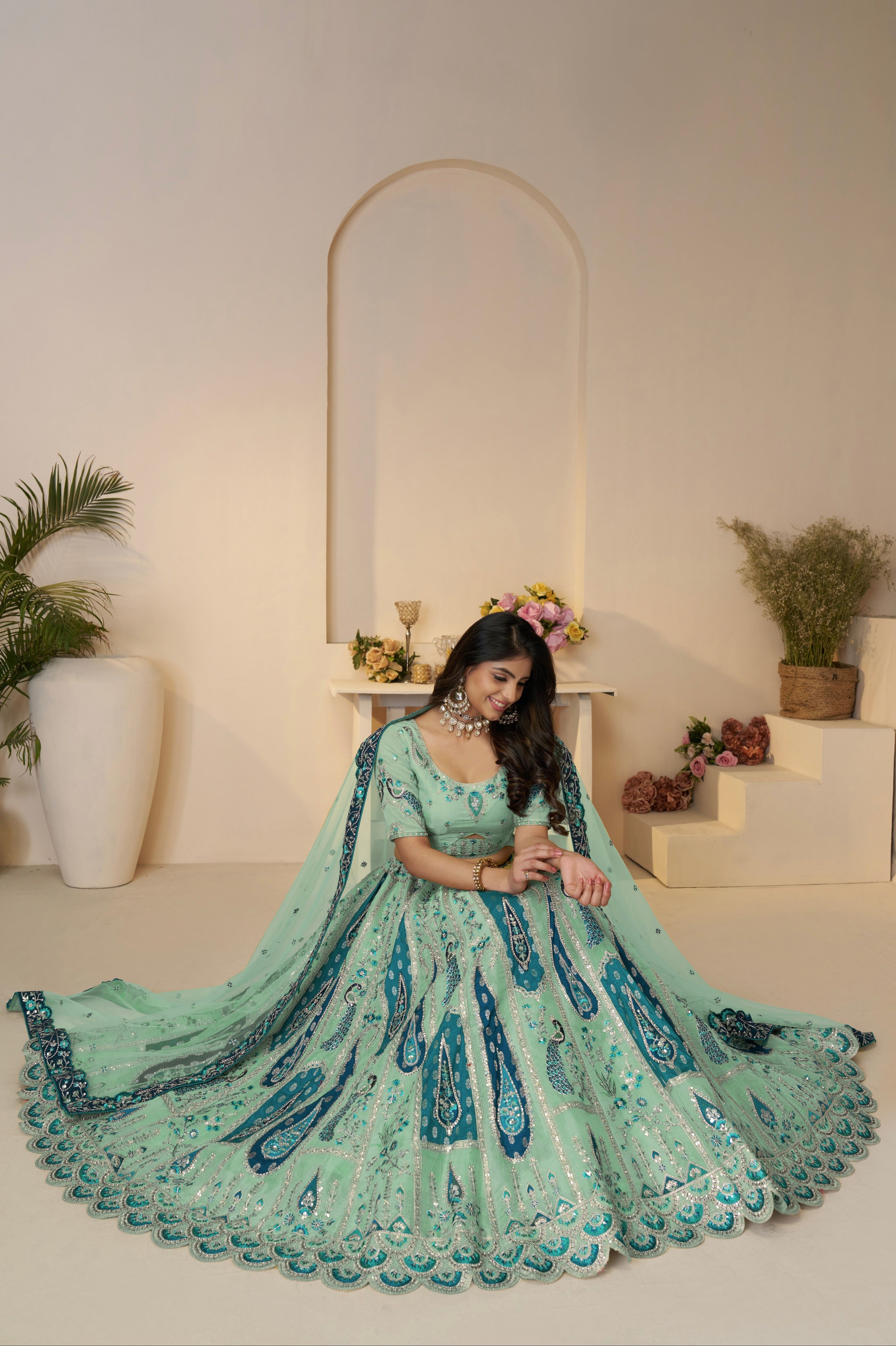 Pastel blue bridal lehenga with traditional Banarasi work