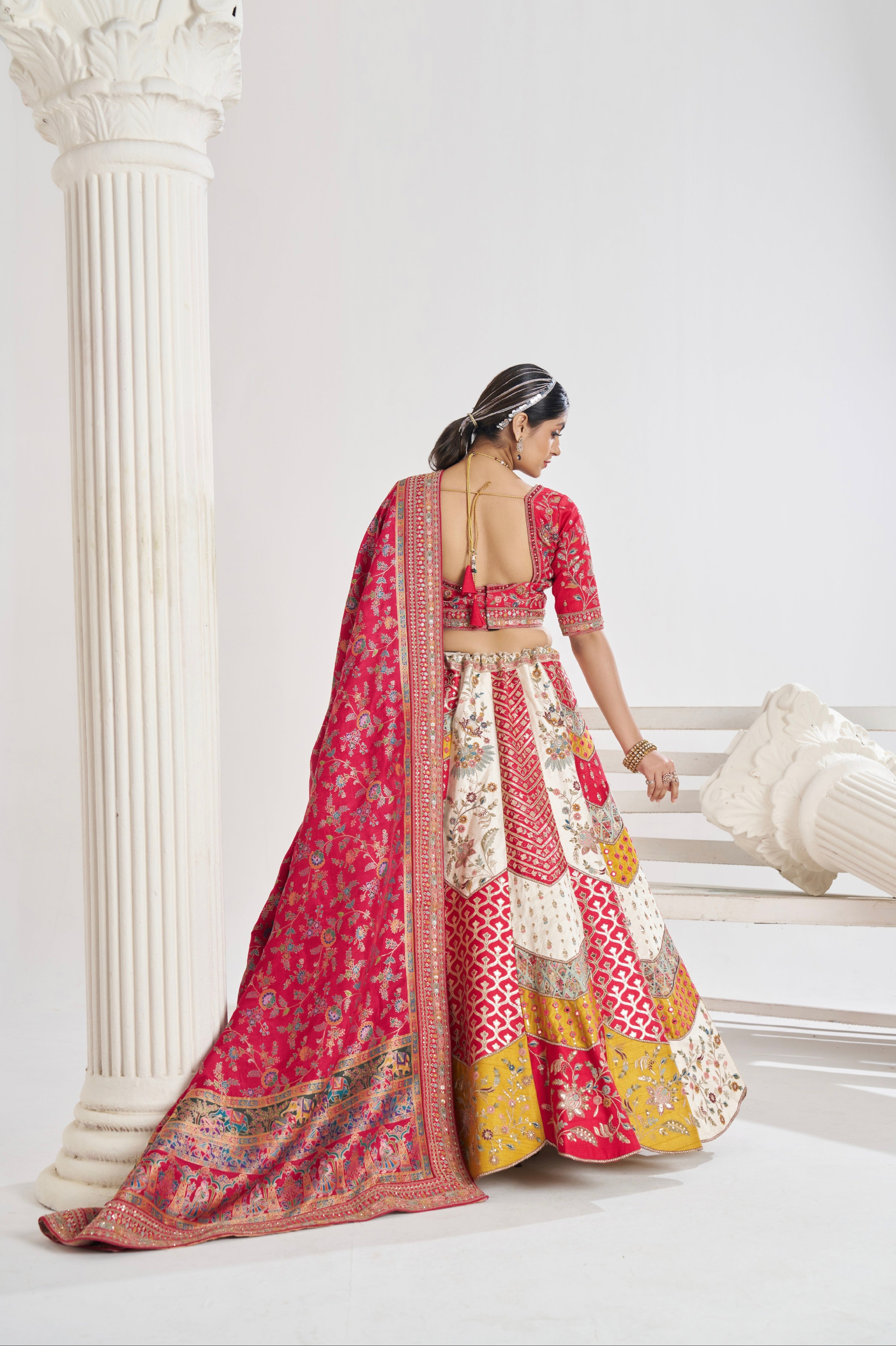 Back-View of White Banarasi Silk Lehenga with Red Dupatta