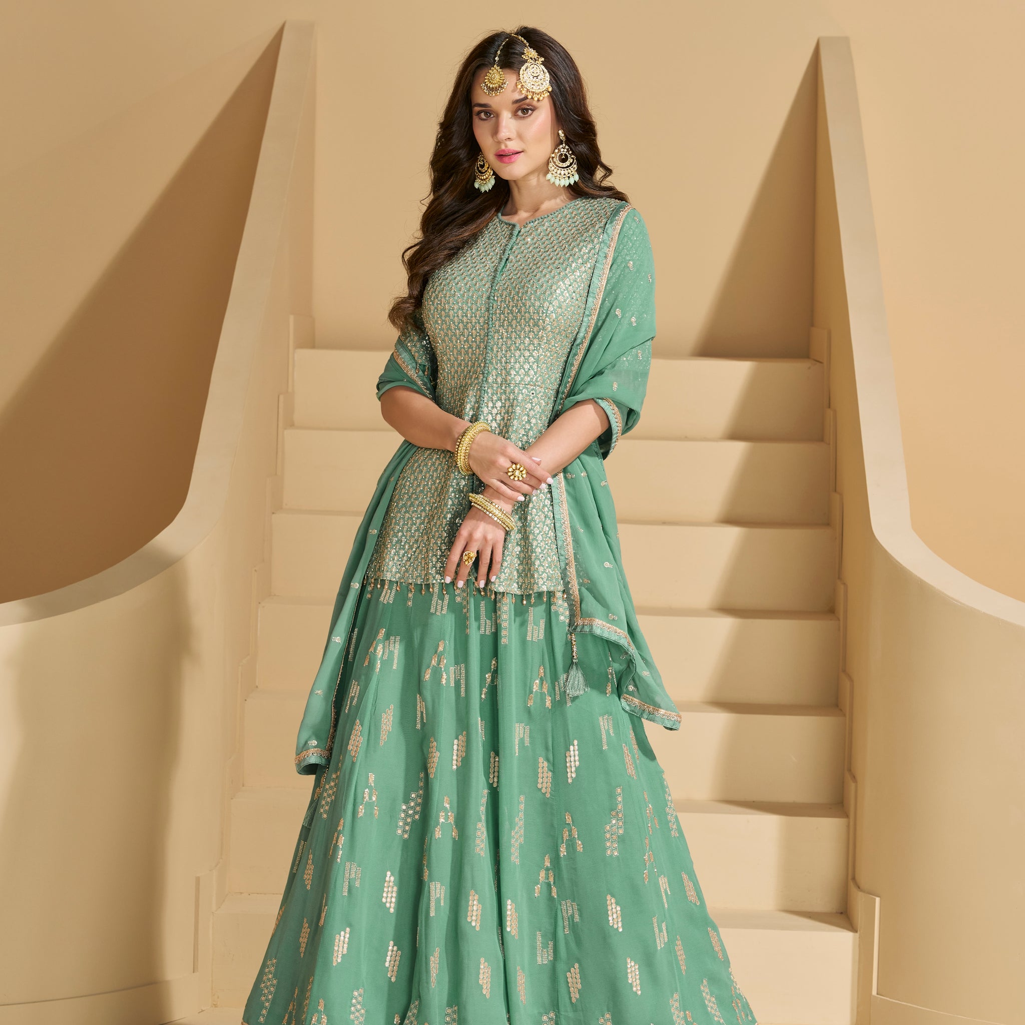 Pastel Green Heavy Embroidered Georgette Sharara Suit