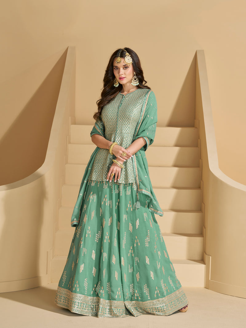 Pastel Green Heavy Embroidered Georgette Sharara Suit