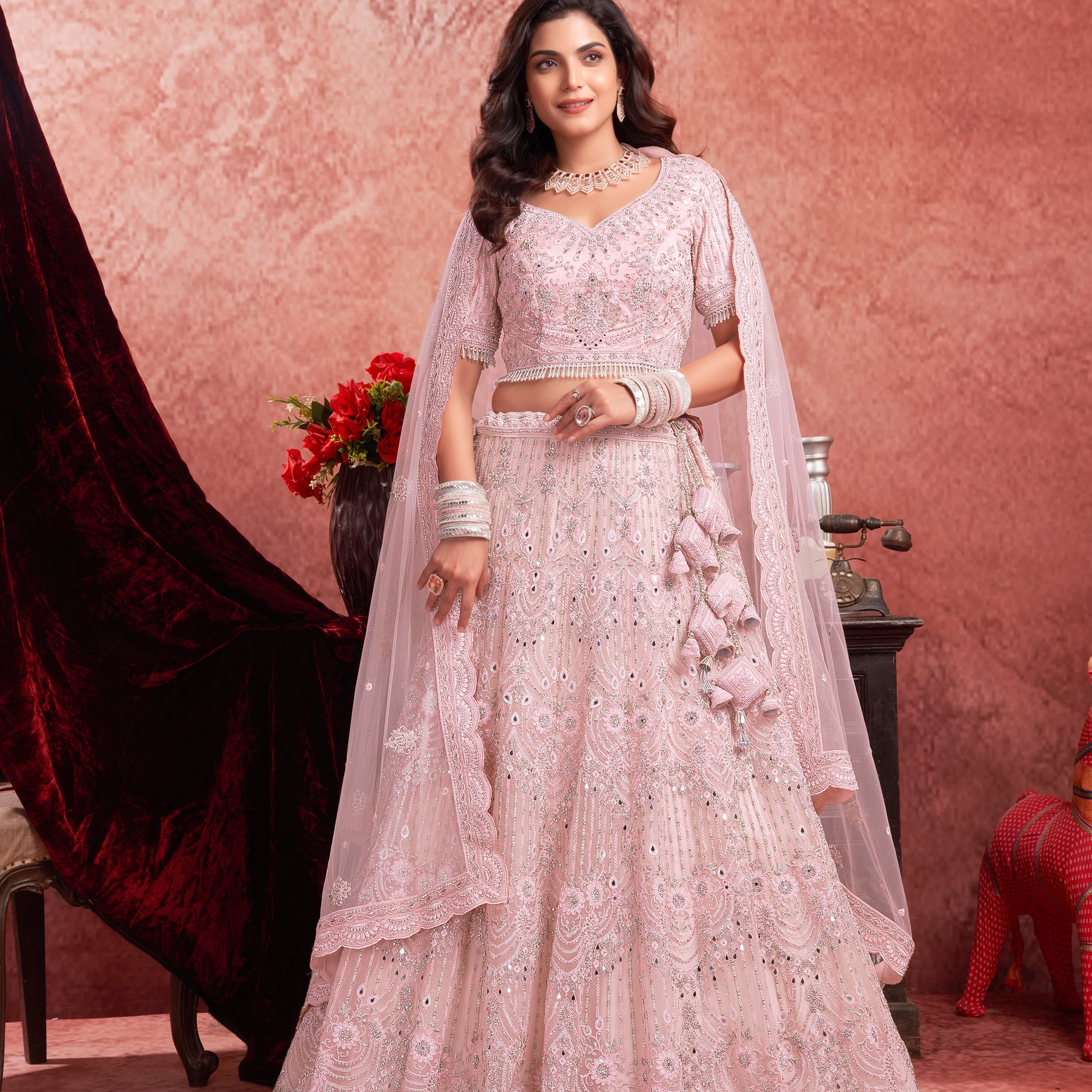 Baby Pink Premium Net Bridal Lehenga with Hand Embroidery