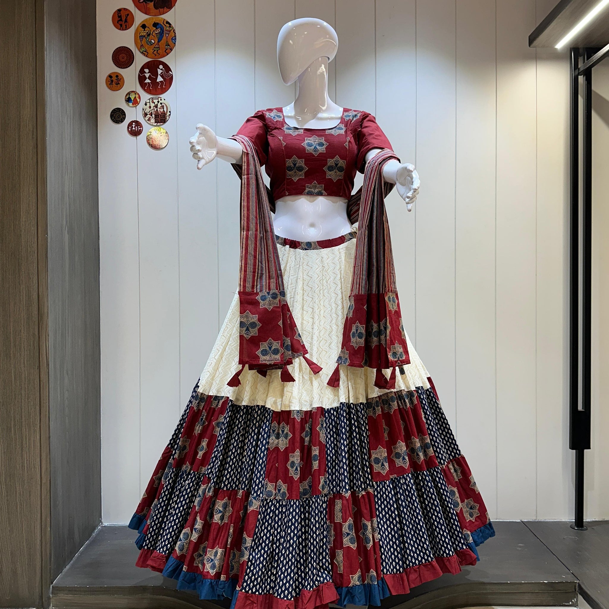 Red & Blue Mirror Work Cotton Navratri Chaniya Choli