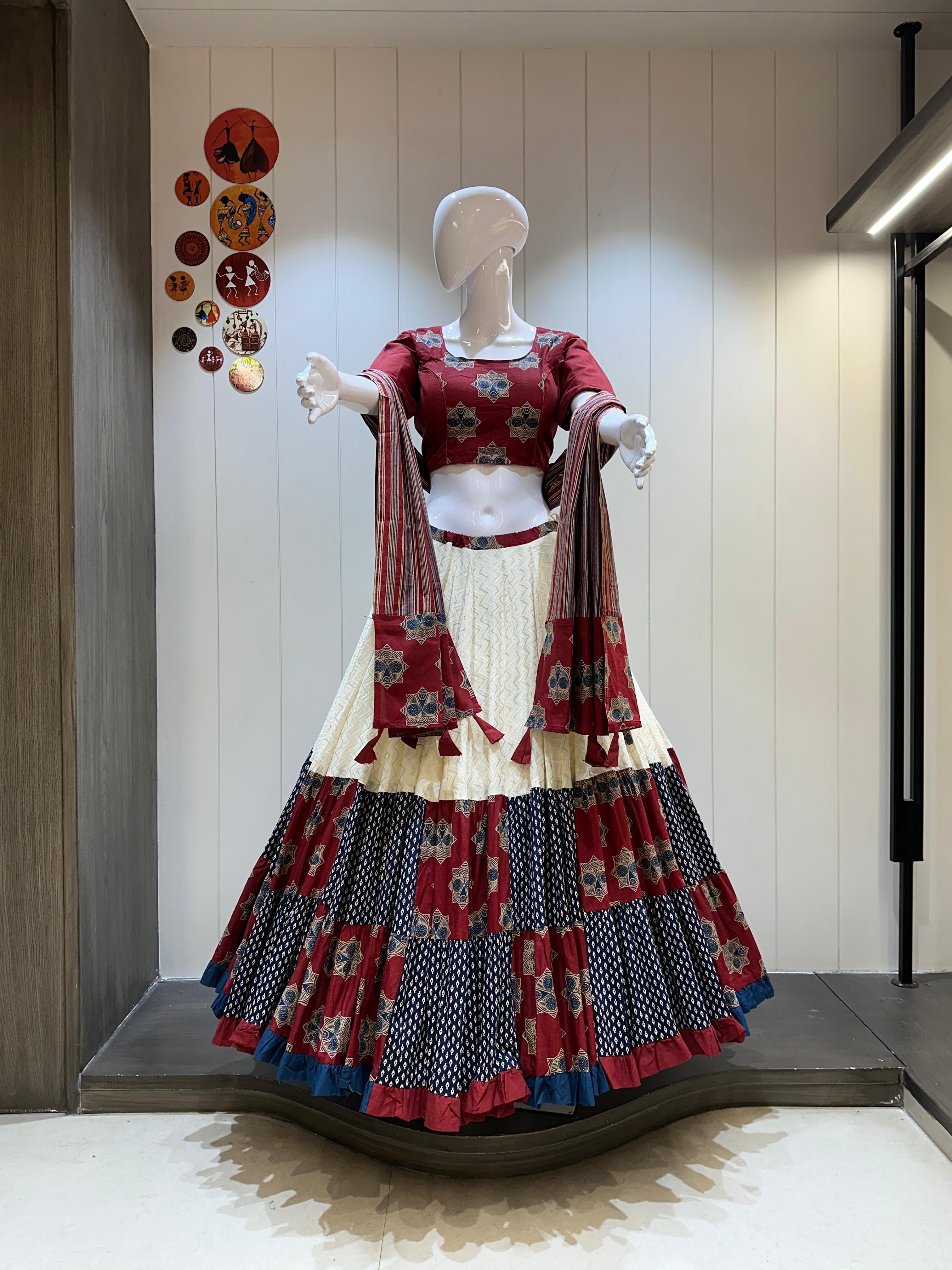 Red & Blue Mirror Work Cotton Navratri Chaniya Choli