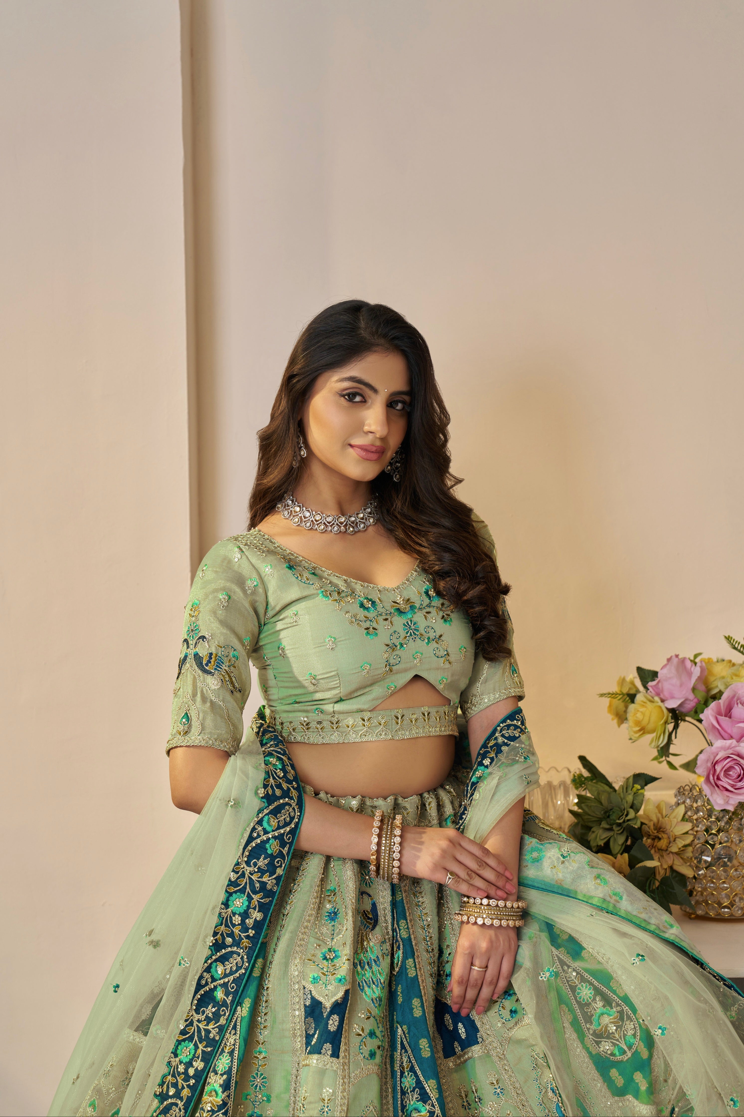 Green Banarasi Silk Lehenga Choli Set