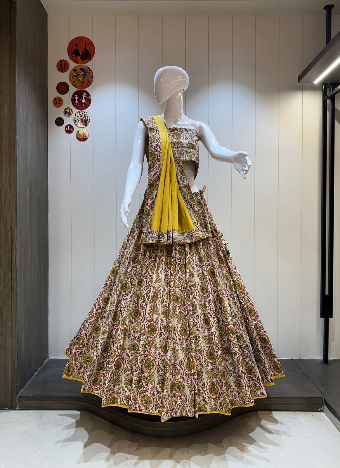Mustard and Olive Cotton Block Print Chaniya Choli with Yellow Dupatta

