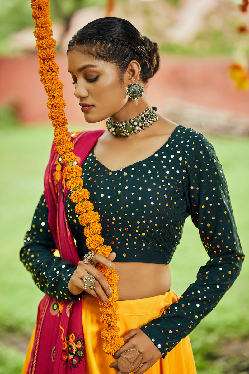 Mirror work choli with floral lehenga