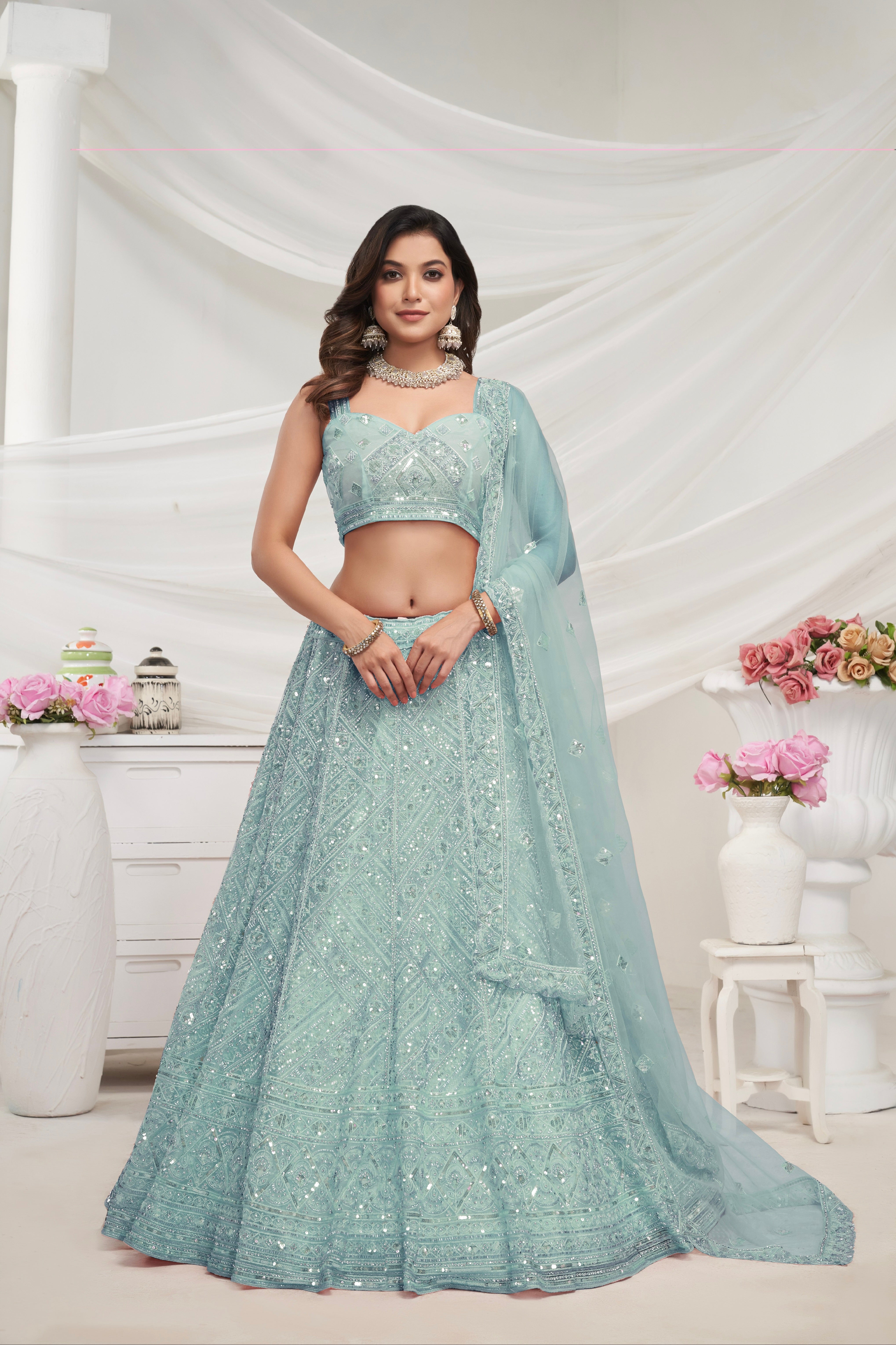 Sky Blue Net Lehenga with Sequin & Cut Dana - Bridal Ensemble