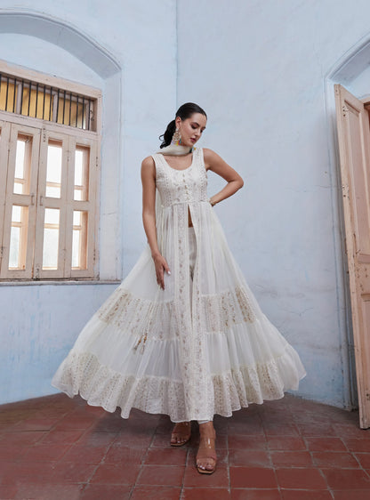 Off White Anarkali In Georgette With Sequins &amp; Thread Embroidery