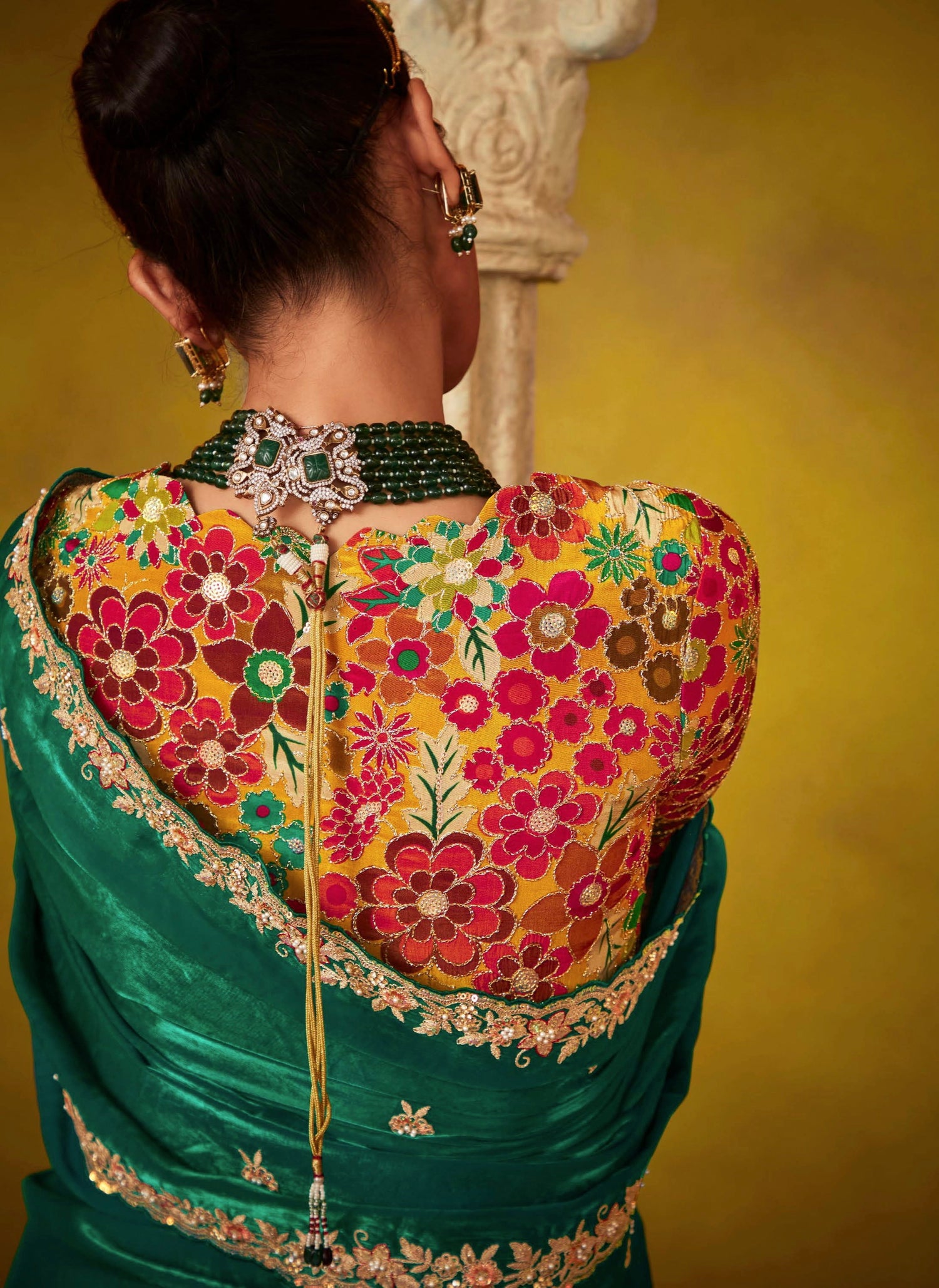Emerald Green Glass Tissue Saree with Sequins Embroidery Work