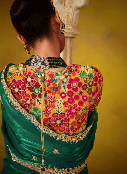Emerald Green Glass Tissue Saree with Sequins Embroidery Work