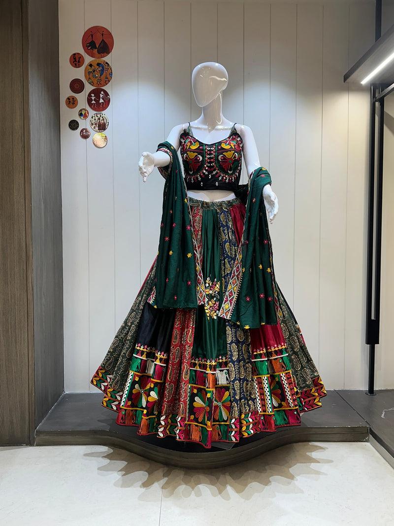 Green dupatta traditional Navratri chaniya choli with ajrakh cotton panels and gamthi work