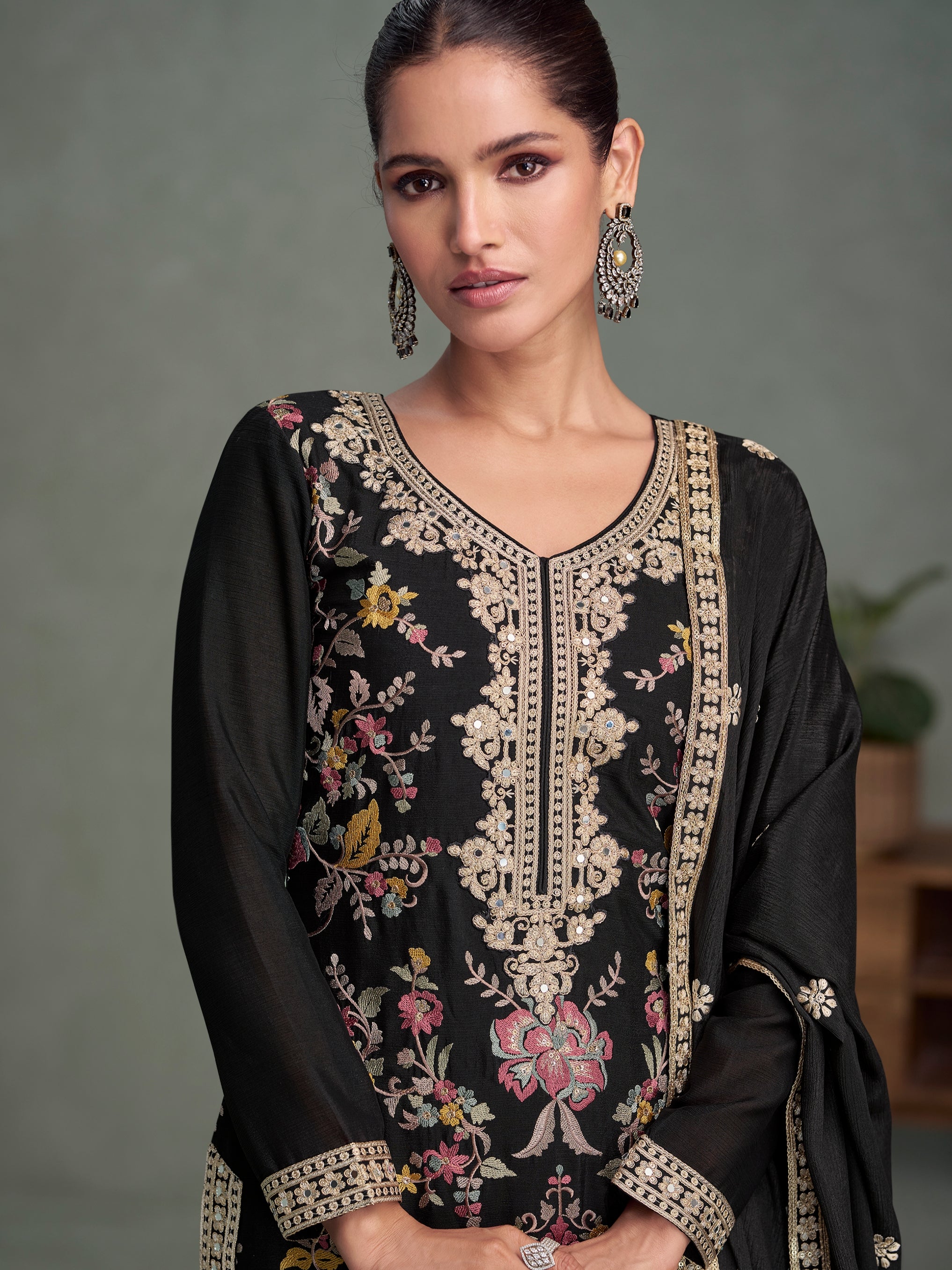 Black Chinnon Silk Embroidered Palazzo Suit