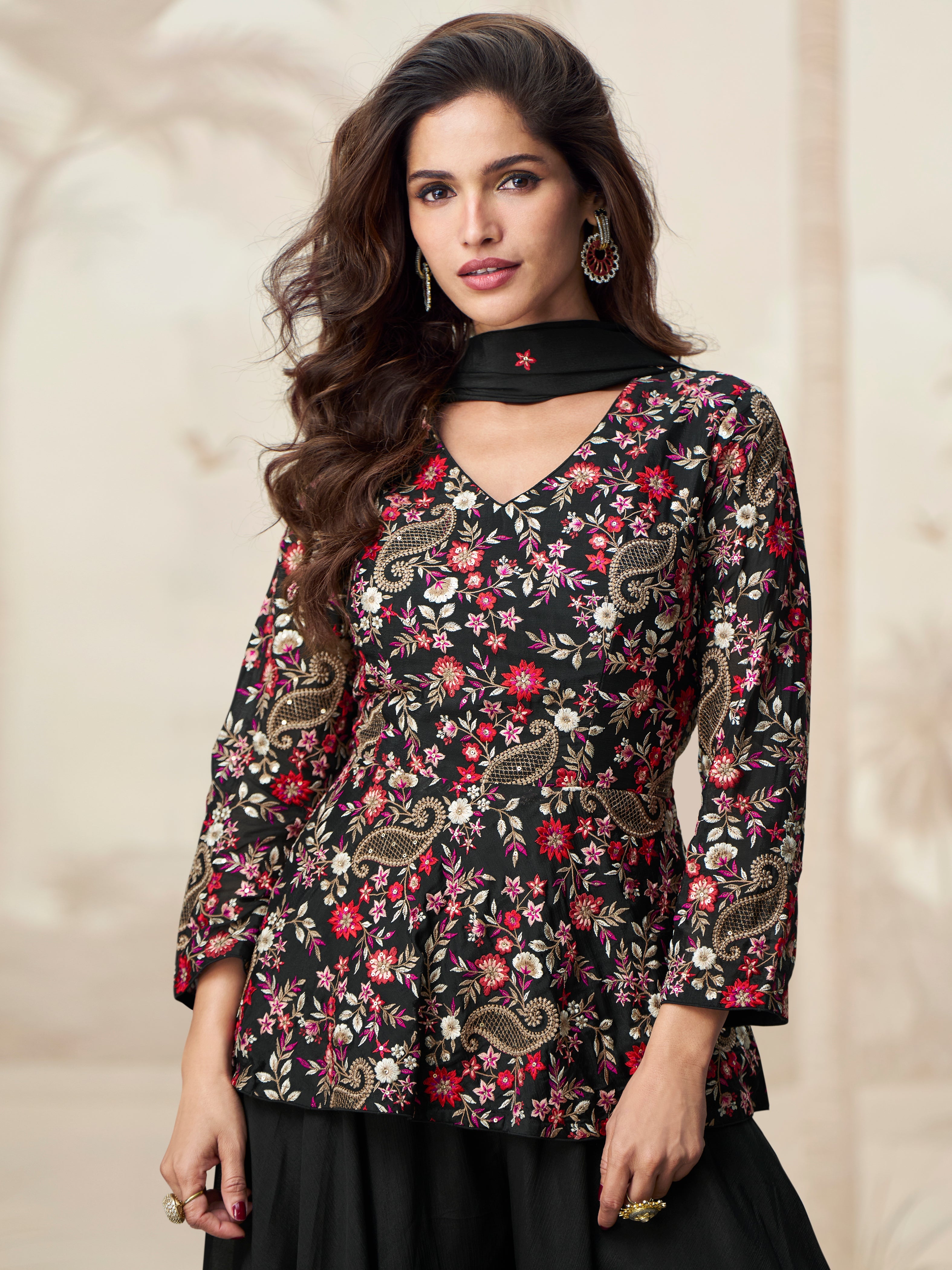 Close-up of Floral Embroidery on Black Chinnon Silk Palazzo Suit