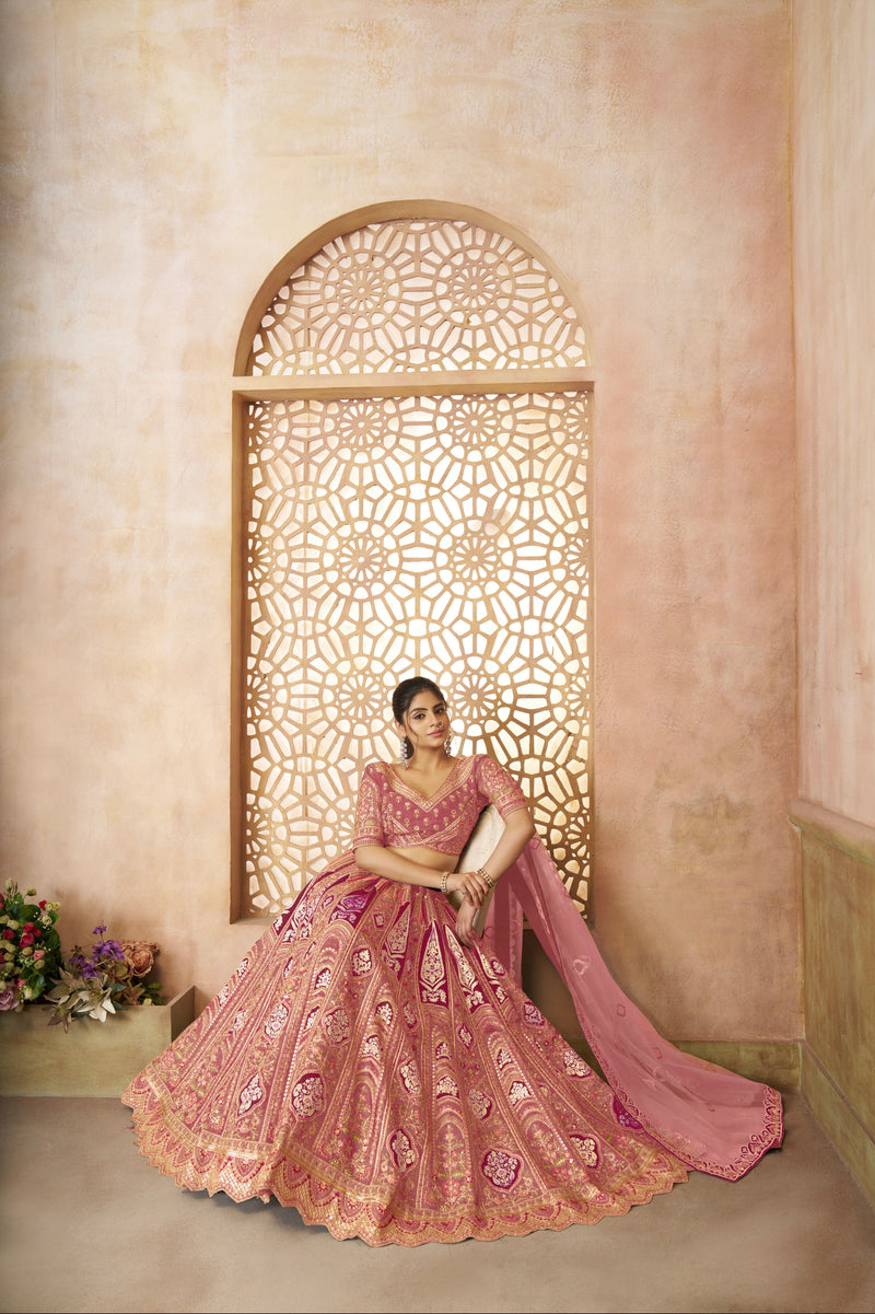 Pink bridal lehenga with floral embroidery and banarasi patch