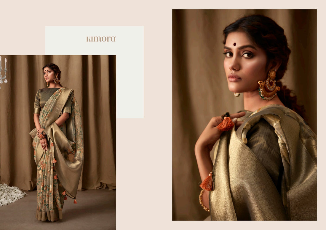 Beautiful Designer Pure Zari Linen With Floral Print Saree