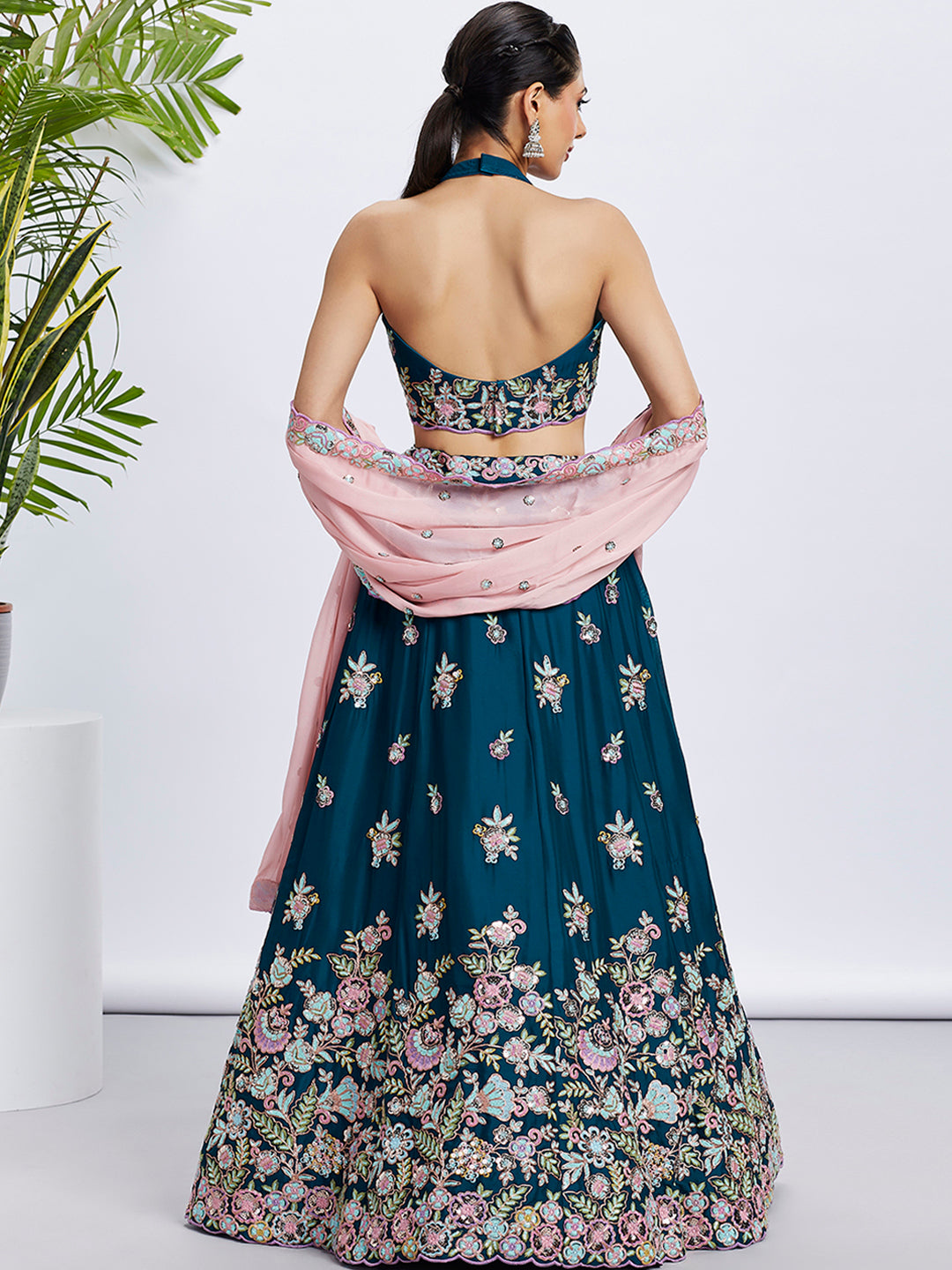 Teal Georgette Sequins and Thread Embroidery Lehenga Choli & Dupatta