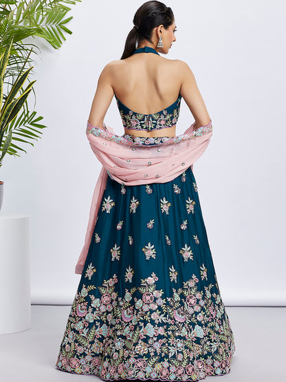Teal Georgette Sequins and Thread Embroidery Lehenga Choli &amp; Dupatta