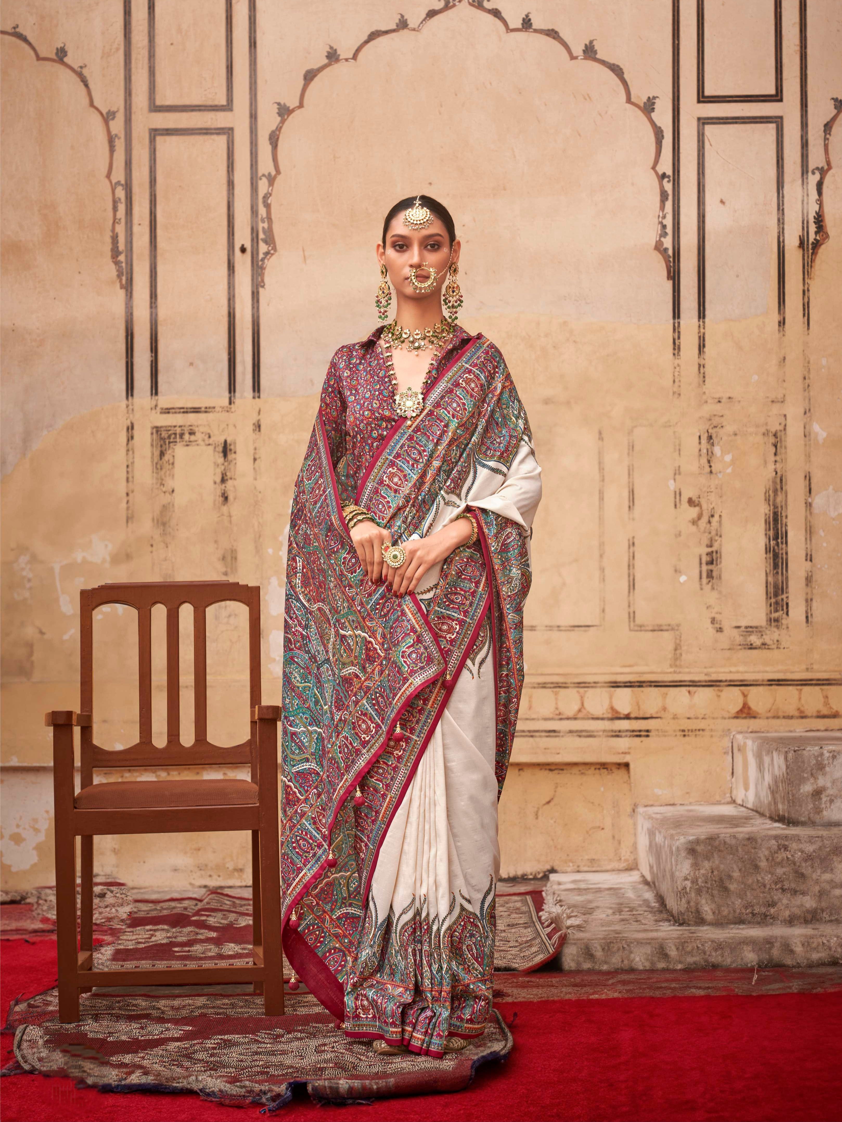 White & Maroon Patola Silk Saree