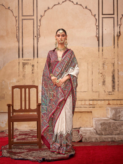 White &amp; Maroon Patola Silk Saree