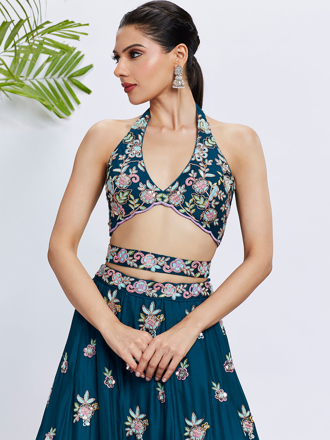 Teal Georgette Sequins and Thread Embroidery Lehenga Choli &amp; Dupatta