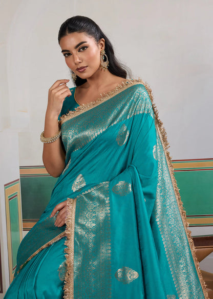 Cyan Bue Woven Banarasi Satin Silk Saree Japan Satin Saree Anant Tex Exports Pvt.Ltd..
