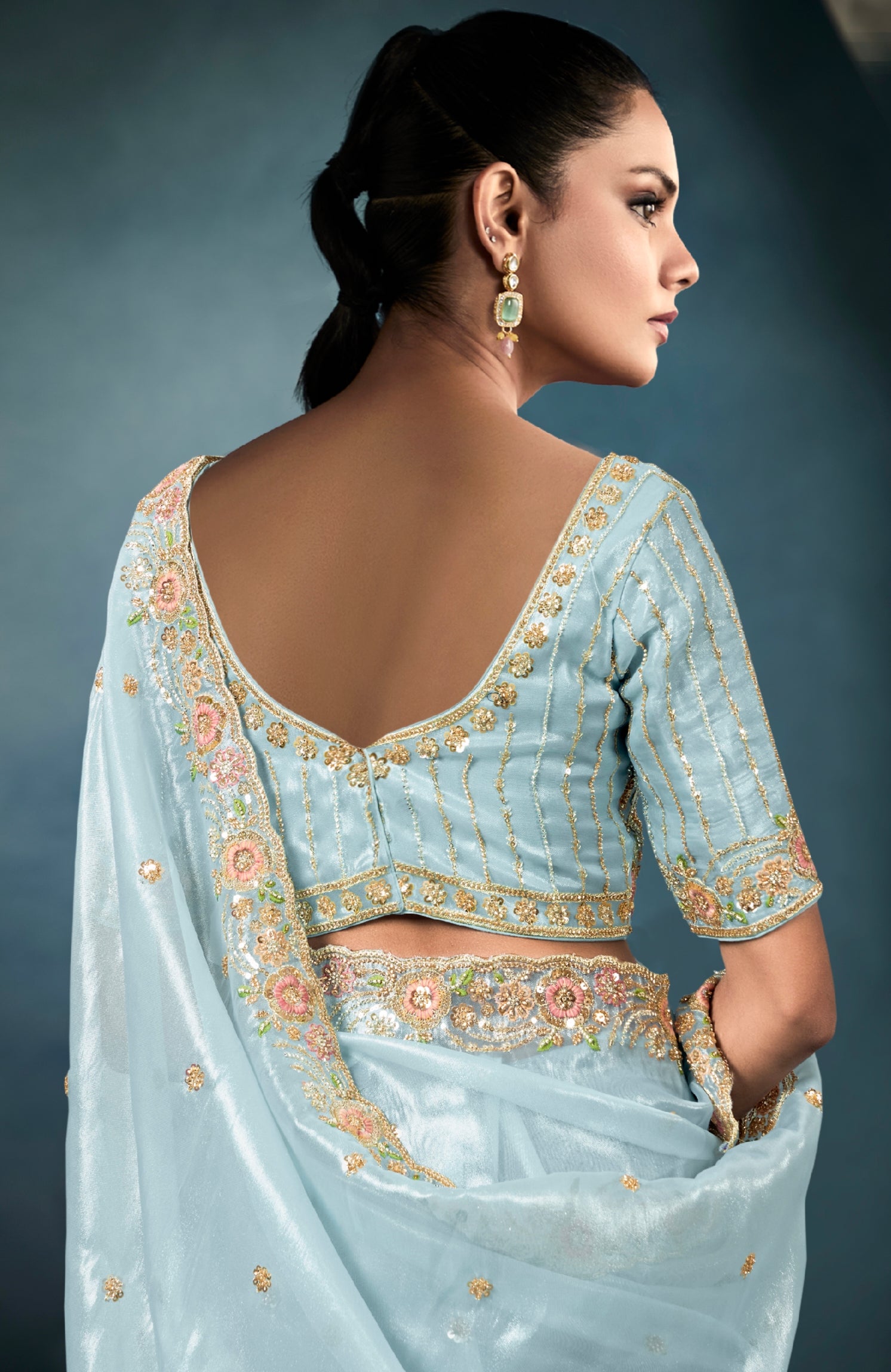 Party wear sky blue tissue saree with blouse

