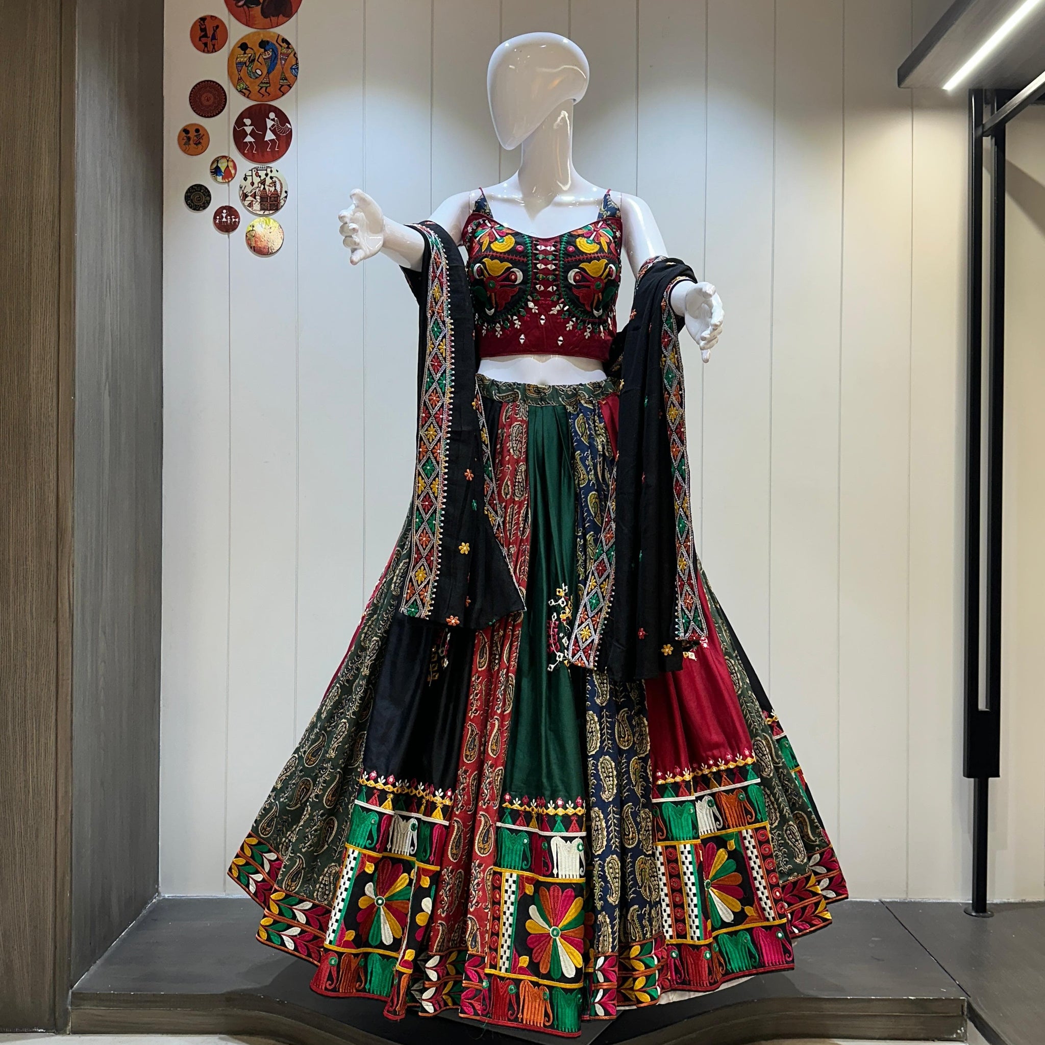 Black dupatta Gamthi work chaniya choli in jaam cotton and ajrakh cotton with 6-7 meter flare