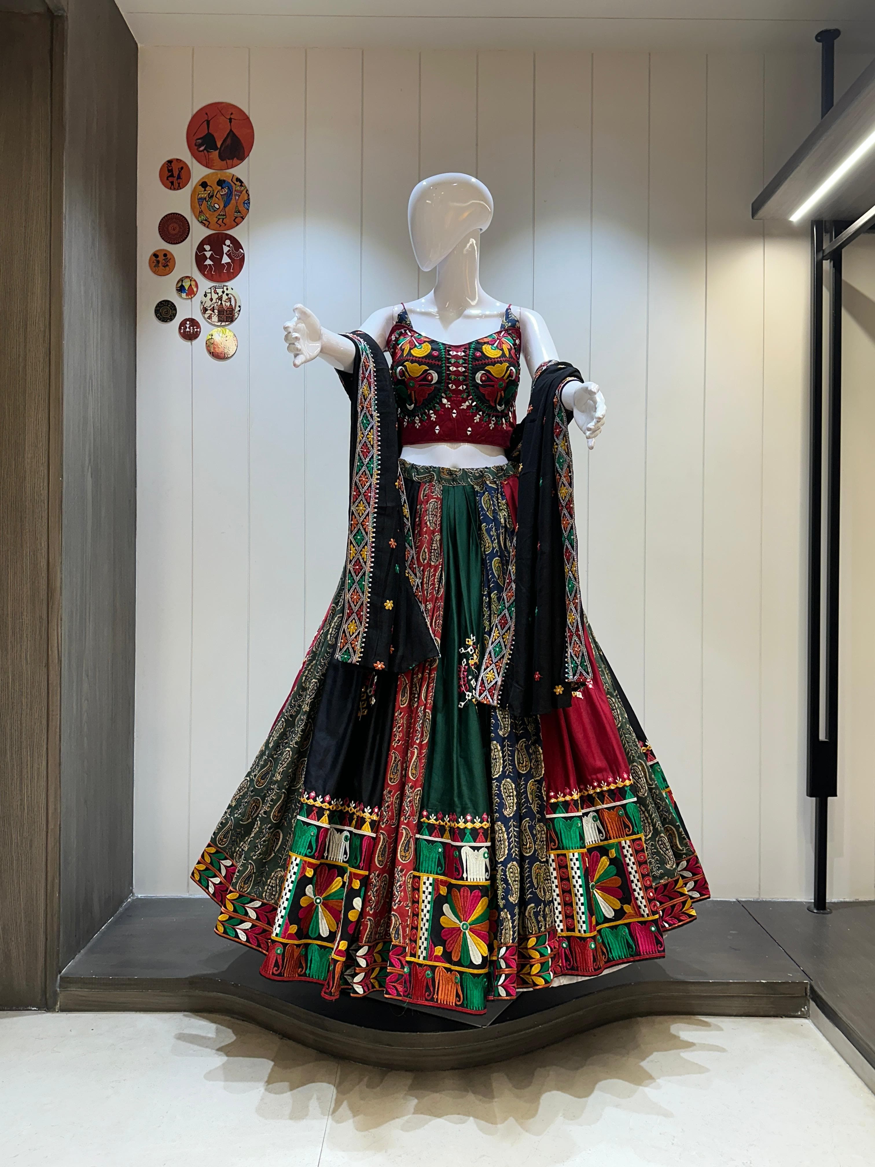 Black dupatta Gamthi work chaniya choli in jaam cotton and ajrakh cotton with 6-7 meter flare