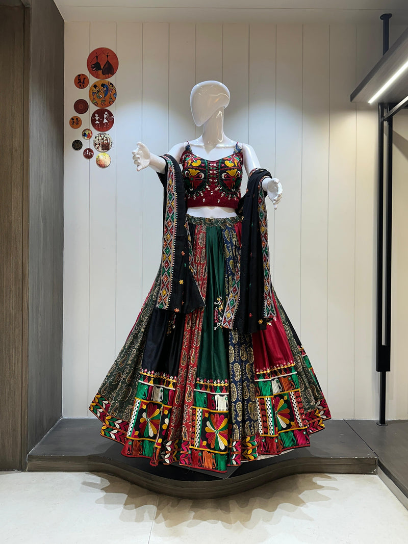 Black dupatta Gamthi work chaniya choli in jaam cotton and ajrakh cotton with 6-7 meter flare