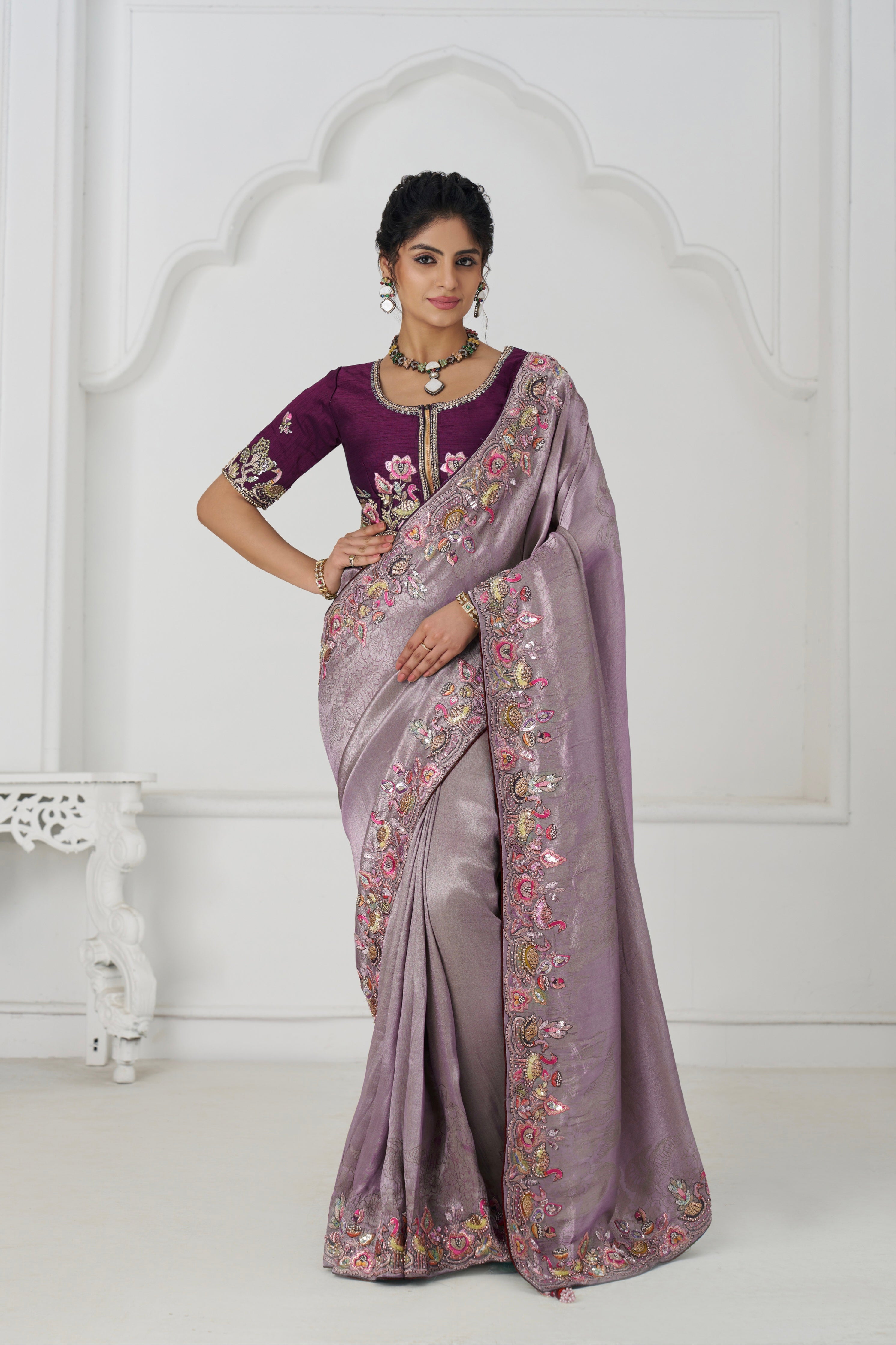 Mauve Dola viscose silk saree with unstitched blouse