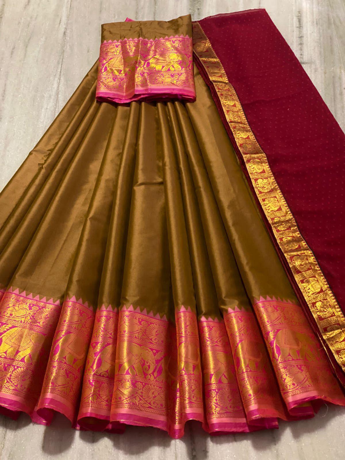 Beautiful Kanjiveram Silk Pure Zari HALF Saree with Blouse Along With Dupptta - Anant Exports