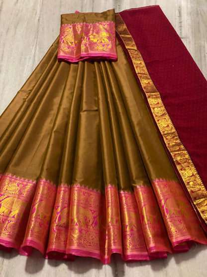 Beautiful Kanjiveram Silk Pure Zari HALF Saree with Blouse Along With Dupptta - Anant Exports