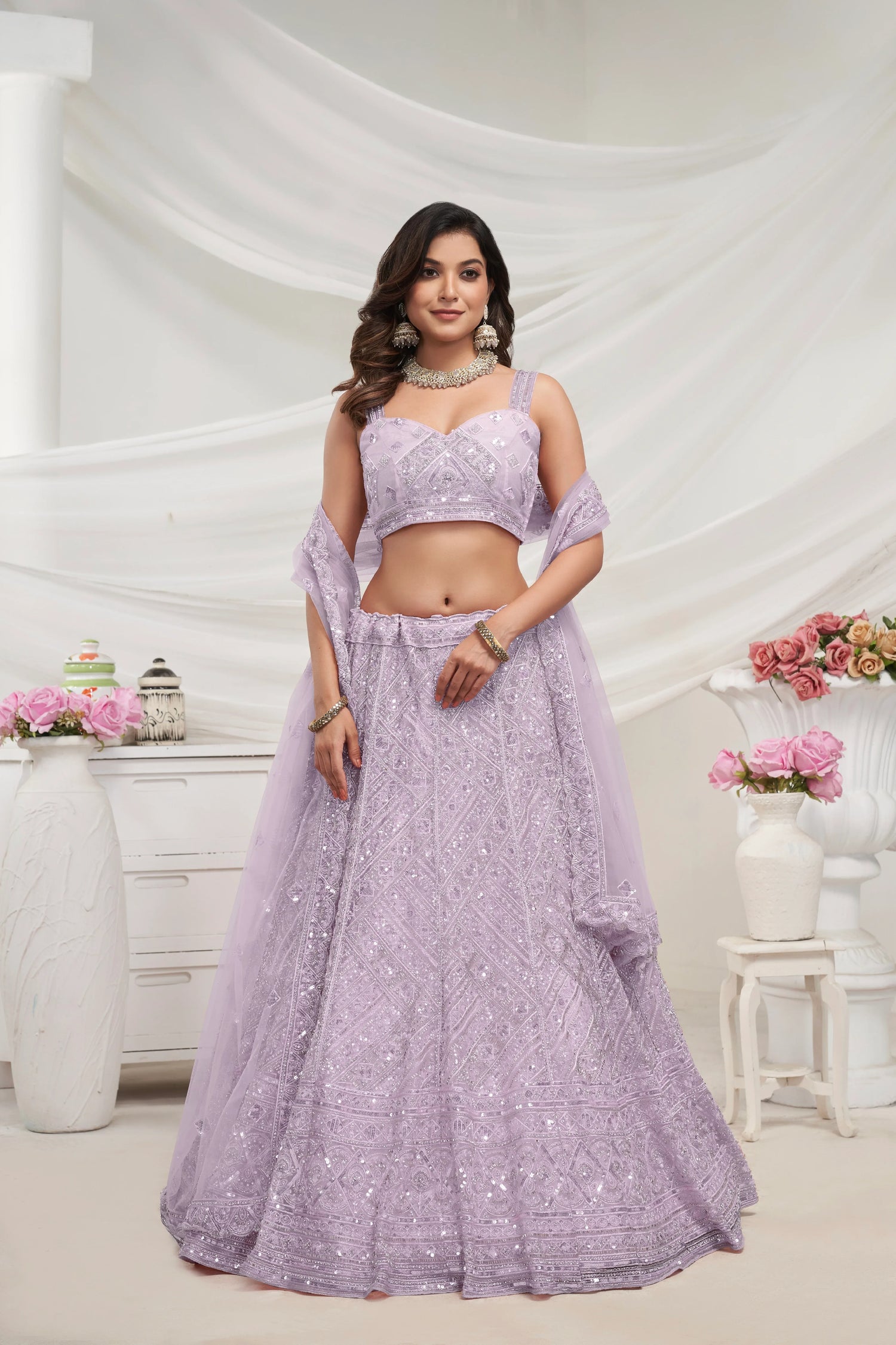 Mauve Net Lehenga with Sequin &amp; Cut Dana - Bridal Ensemble