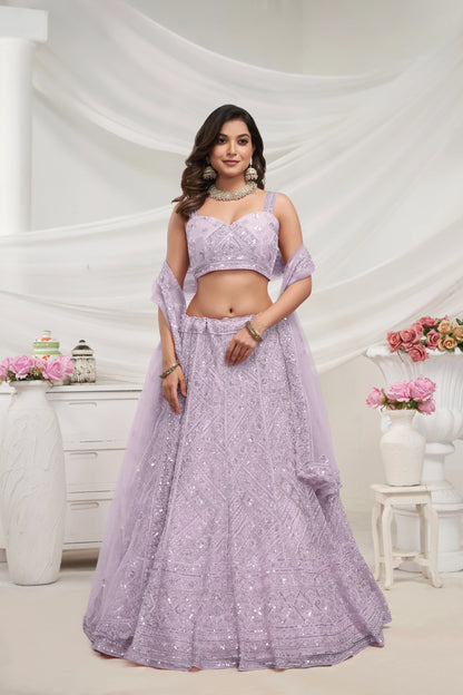 Mauve Net Lehenga with Sequin &amp; Cut Dana - Bridal Ensemble