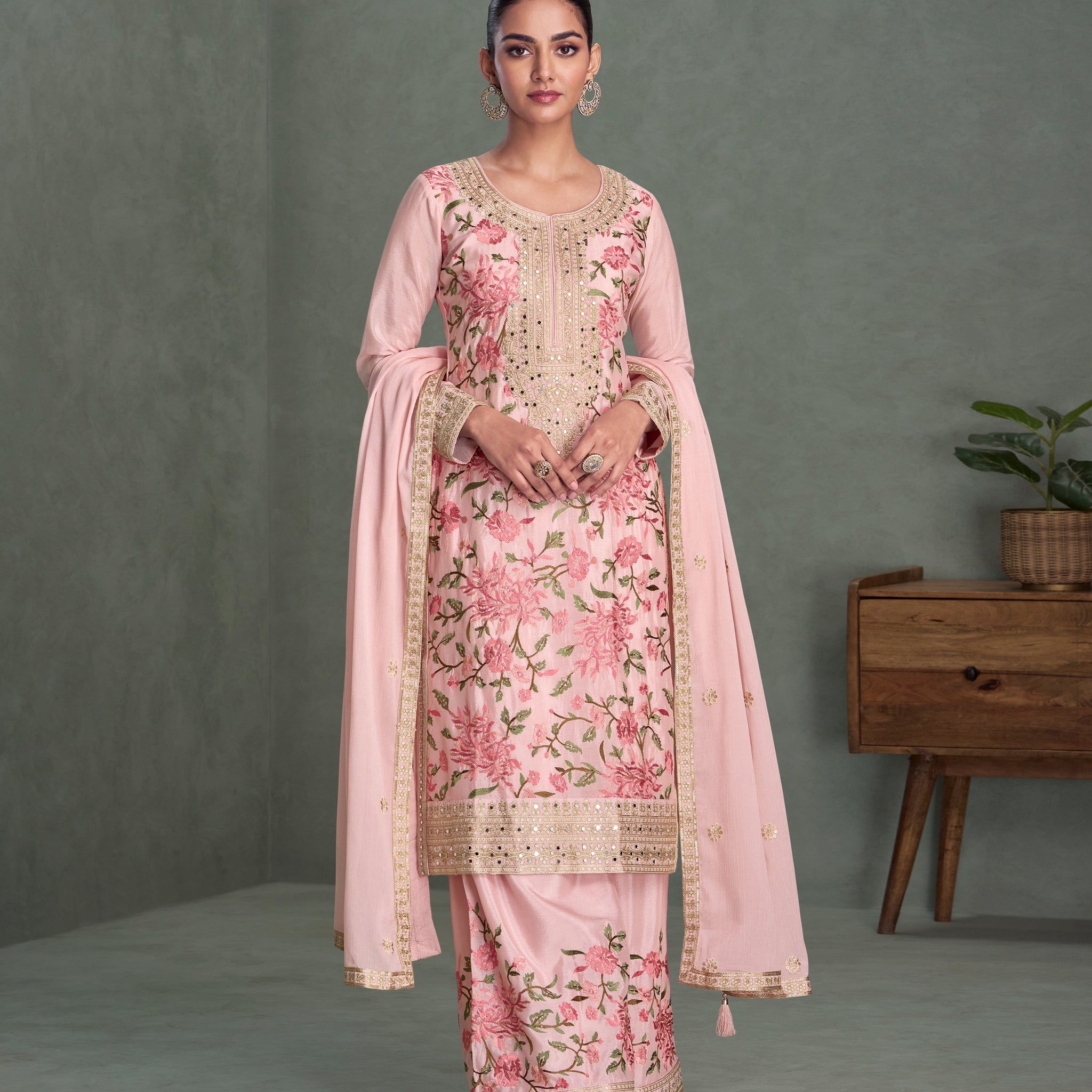 Light Pink Chinnon Silk Embroidered Palazzo Suit