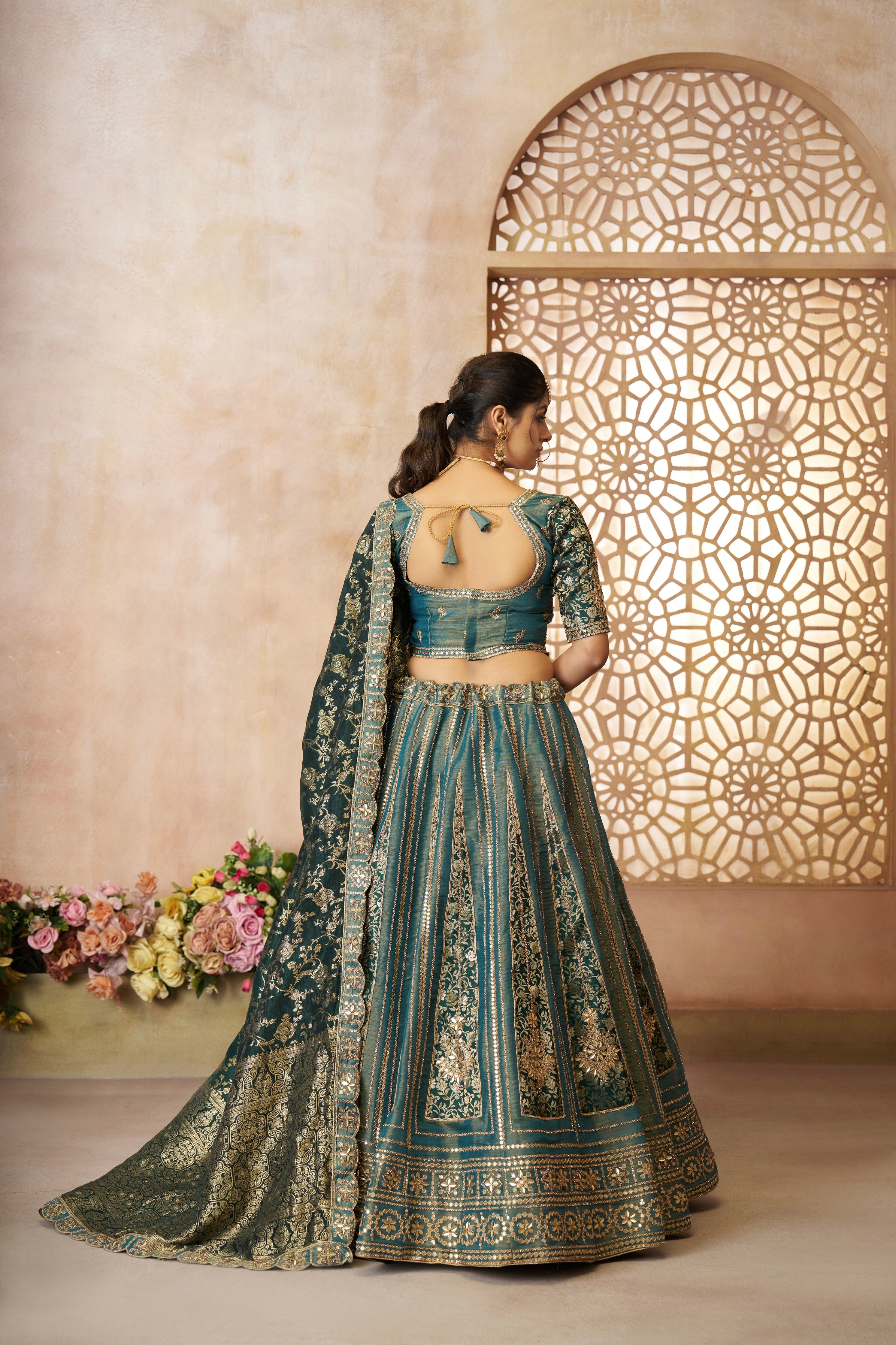 Green Tissue Bridal Lehenga with Jacquard Dupatta