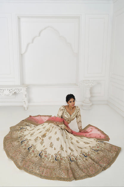 Designer white zari silk lehenga choli with pink dupatta for Indian bride