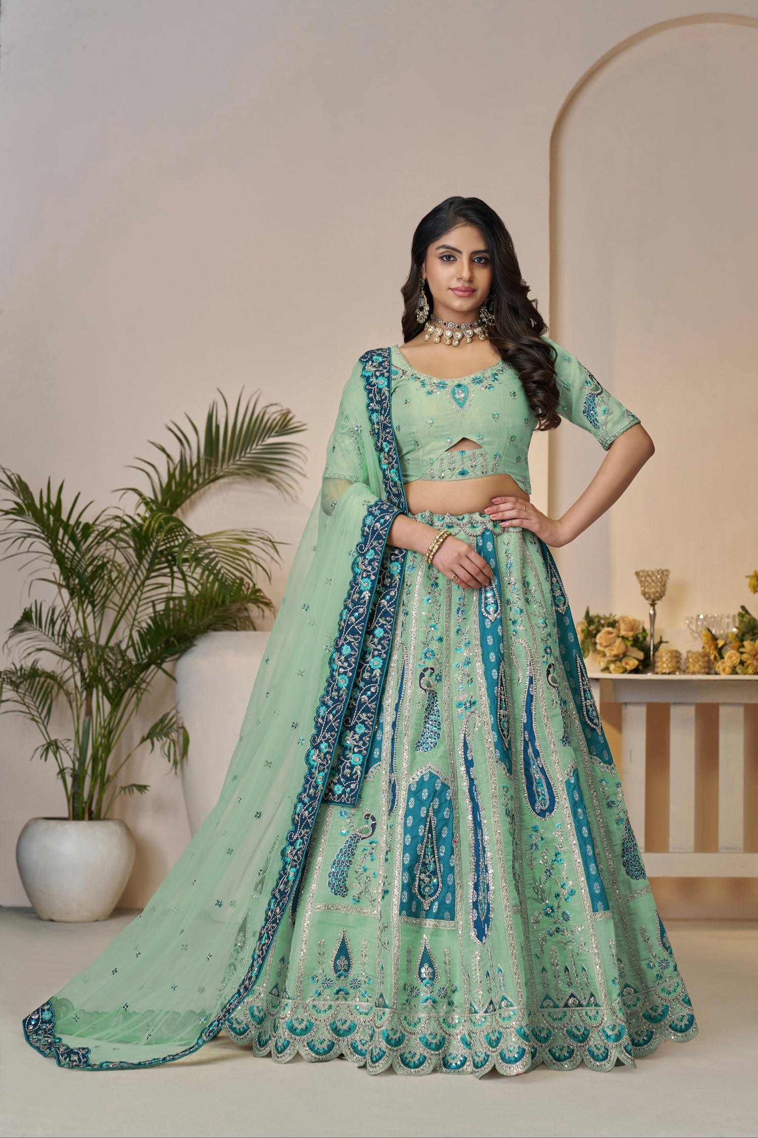 Sky blue Banarasi silk lehenga with zari dupatta