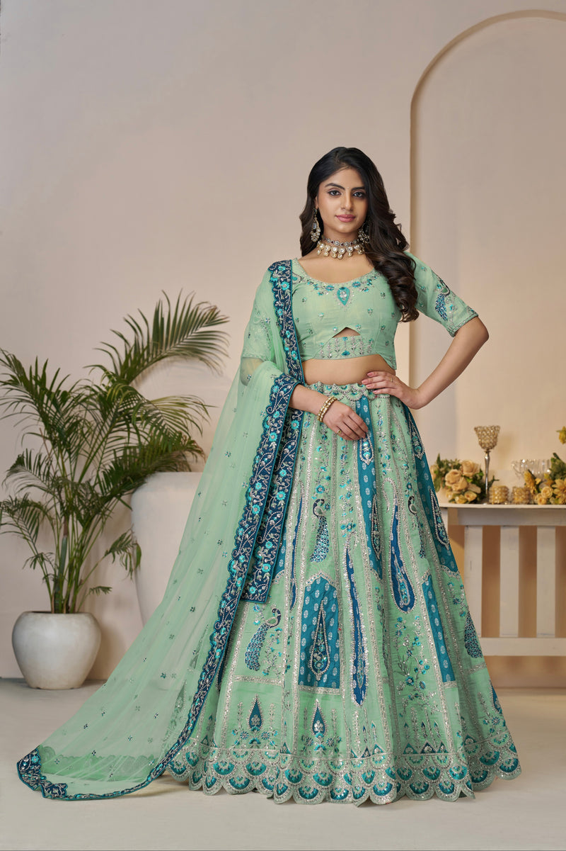 Sky blue Banarasi silk lehenga with zari dupatta