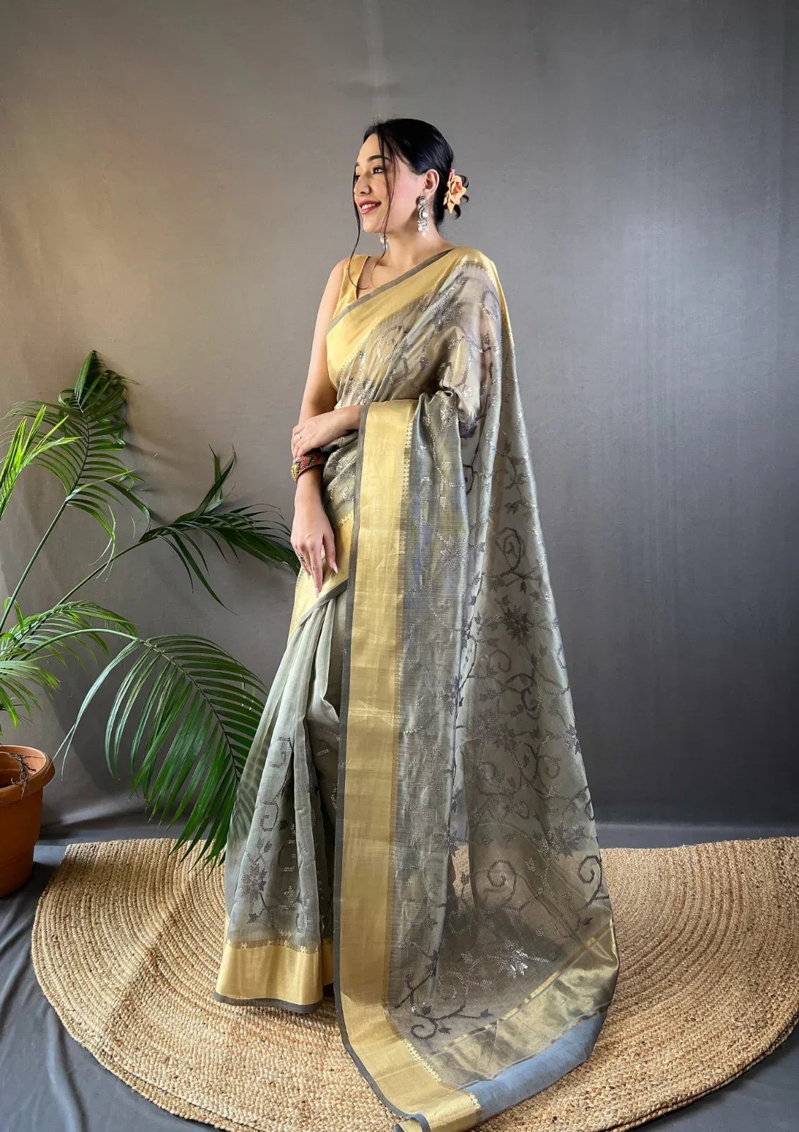 Beautiful Party Wear Zari Tissue With Sequen Work Saree