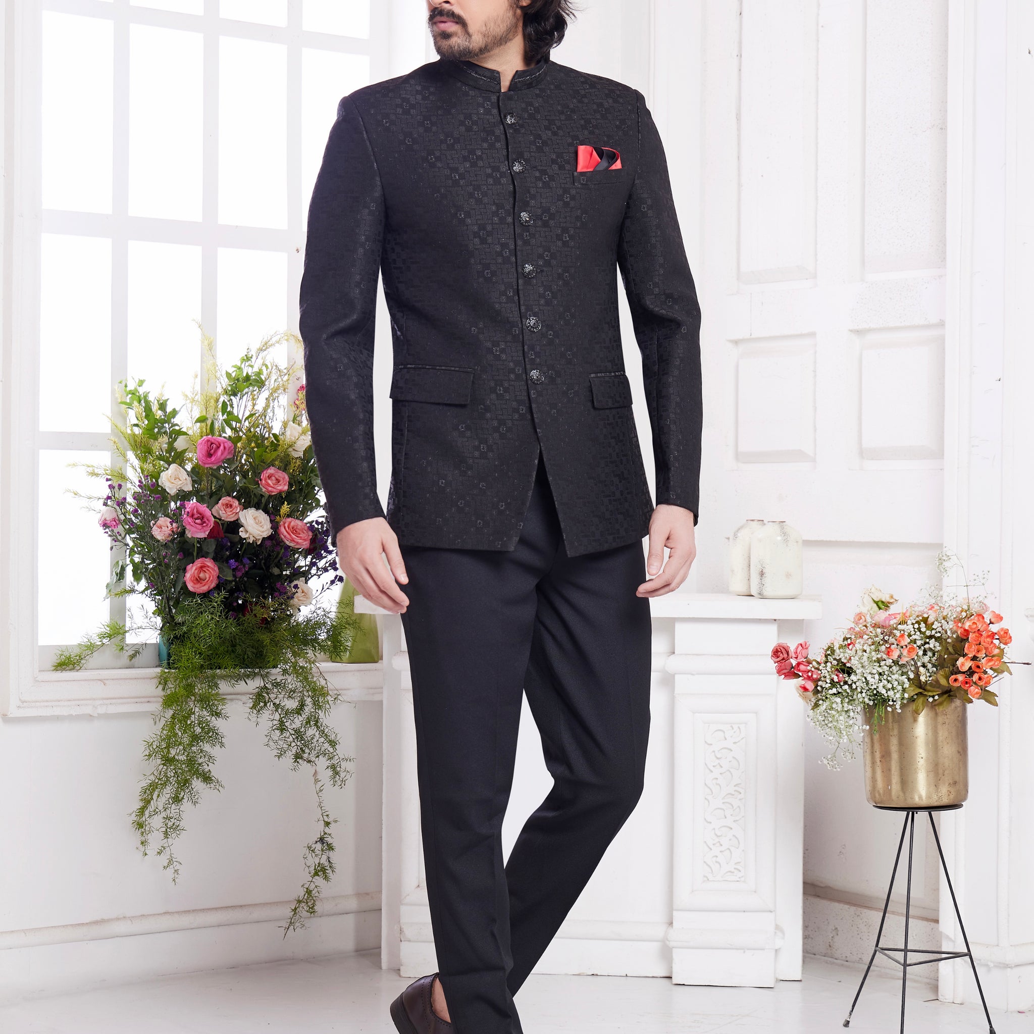 Black jodhpuri with red pocket square


