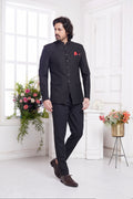 Black jodhpuri with red pocket square

