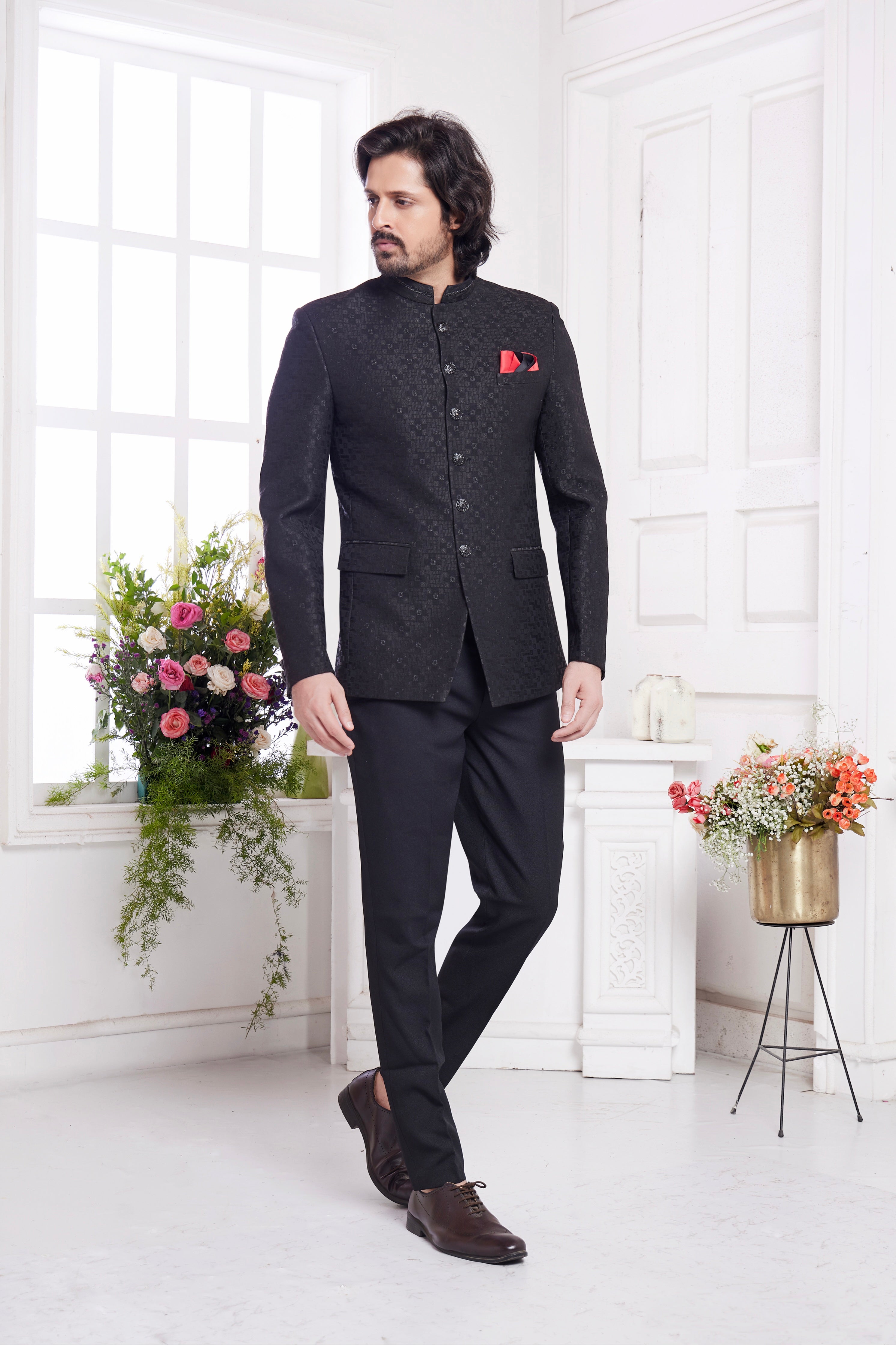 Black jodhpuri with red pocket square

