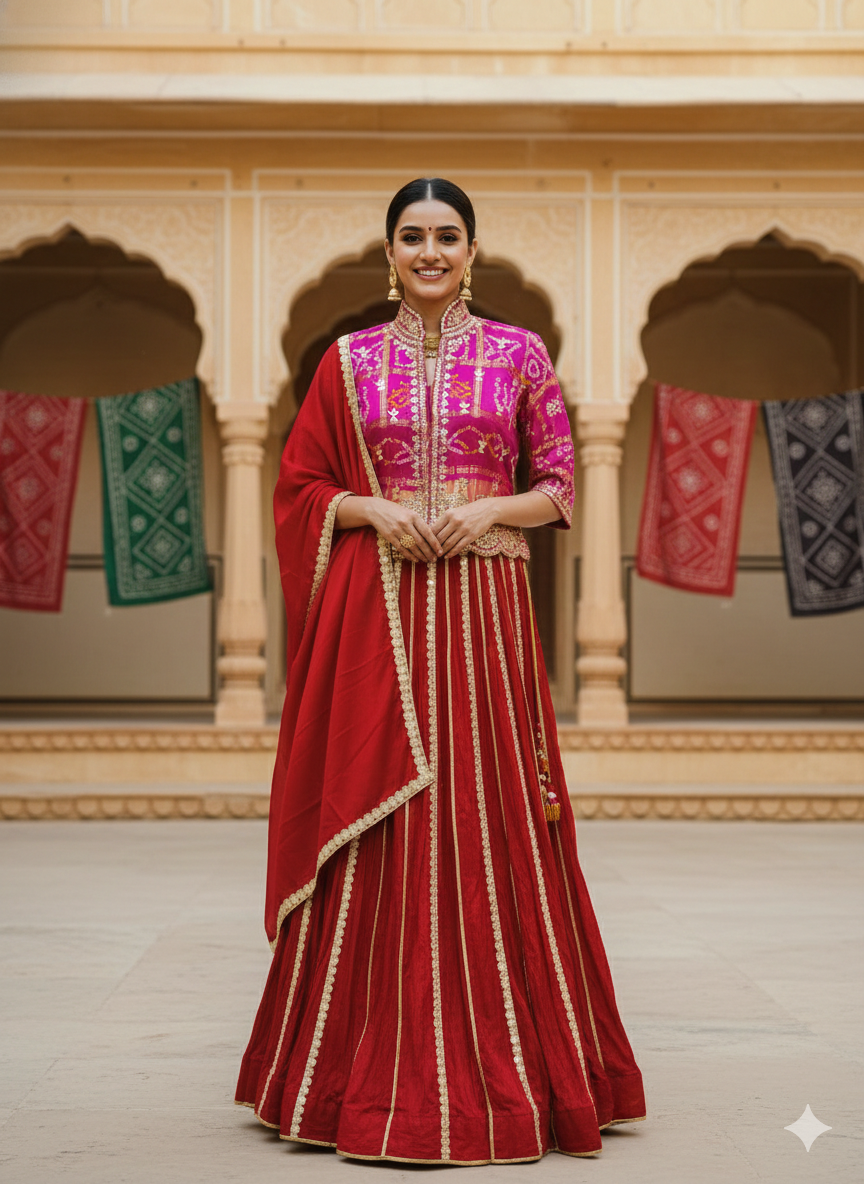 Red & Pink Pure Upada Crush Gajji Silk Gharchola Rajsthani Lehenga Choli ##color## Gharchola Lehenga Choli with premium fabric and embroidery