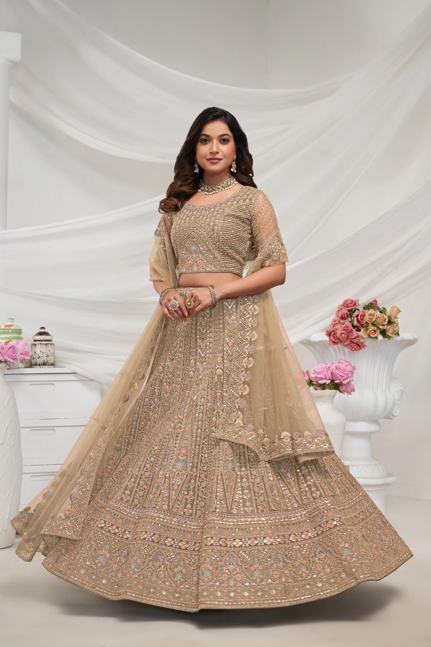 Stunning Golden Semi-Stitched Lehenga with Dupatta &amp; Unstitched Blouse