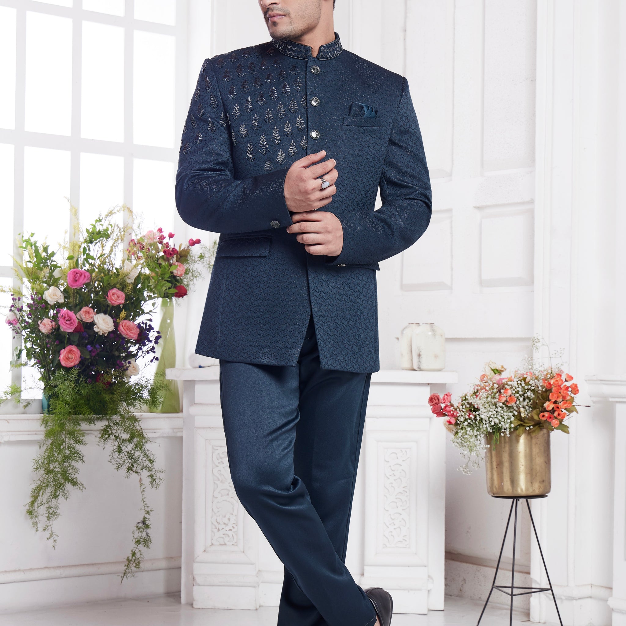 Dark teal embroidered jodhpuri suit

