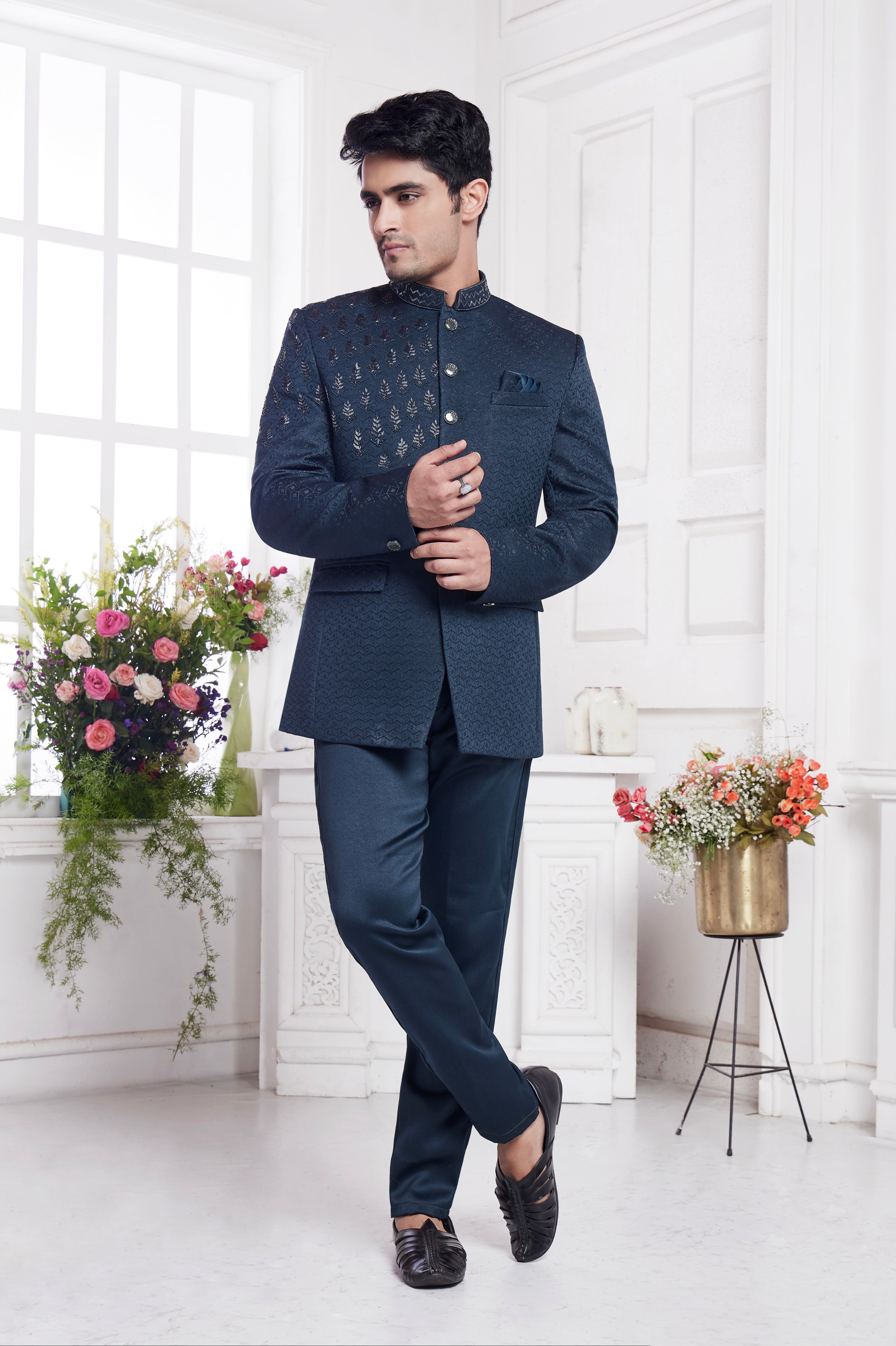 Dark teal embroidered jodhpuri suit

