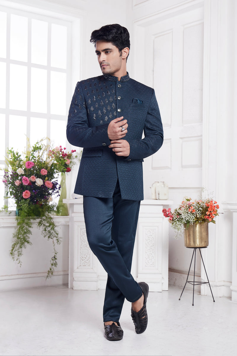 Dark teal embroidered jodhpuri suit

